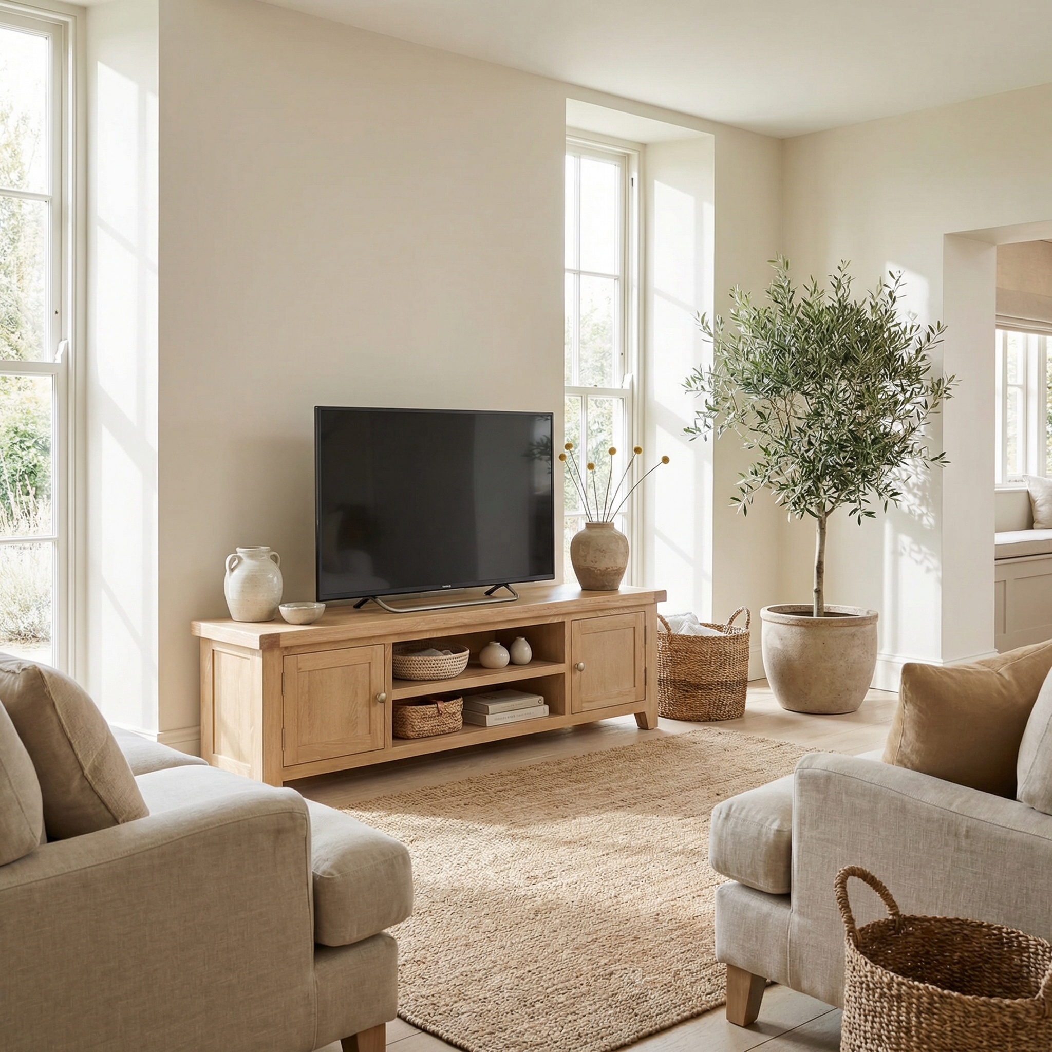 Bright living room with neutral tones, a TV on the Burford Large 180cm Media Unit in Natural Oak, cozy seating, rug, and potted plant.