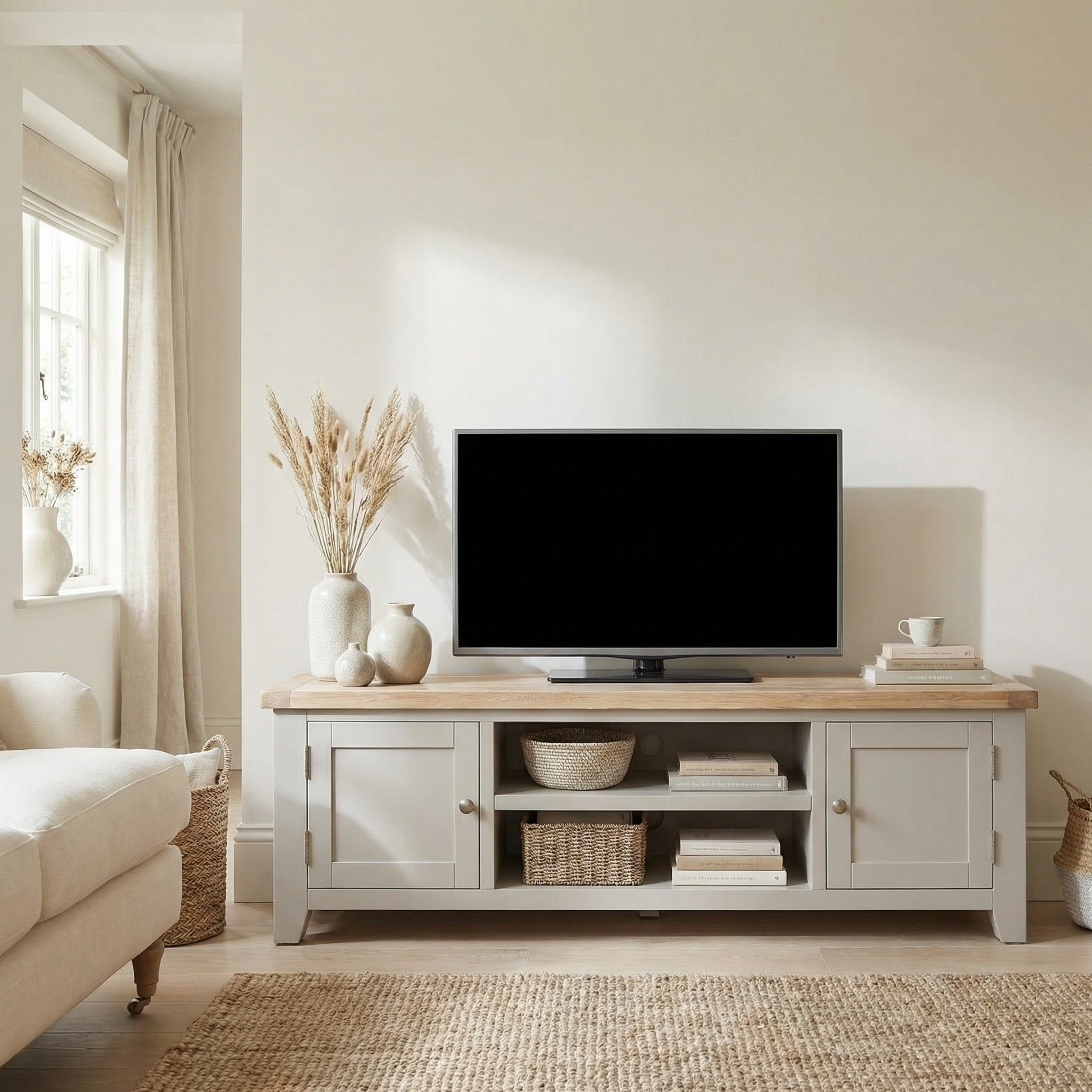 Modern living room featuring the Burford Large 180cm Media Unit in Pebble Grey with a TV, decorative vases, baskets, and neutral decor, paired with an oak dining chair with a stylish fabric seat.