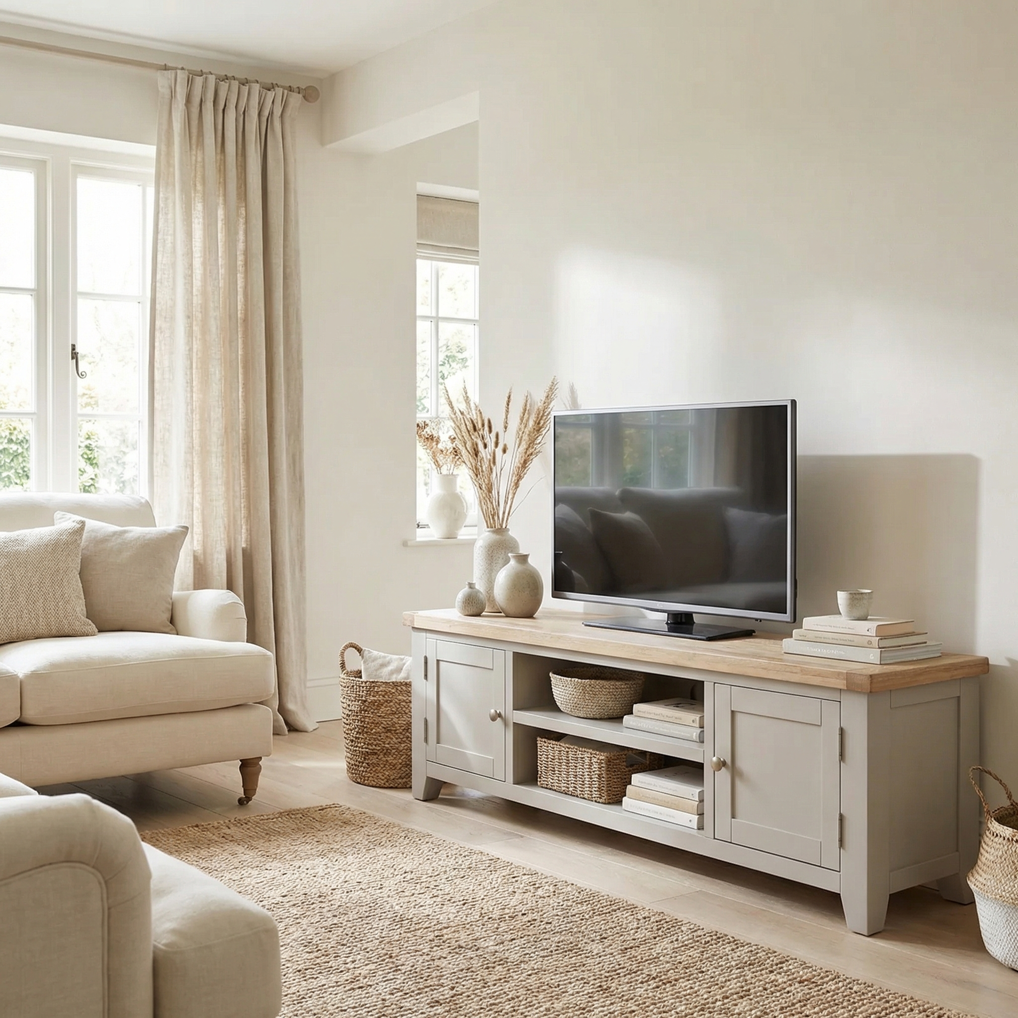 Bright living room featuring a Burford Large 180cm Media Unit in Pebble Grey, TV, beige sofa, woven rug, baskets, neutral decor, and an oak dining chair with fabric seat for extra seating.