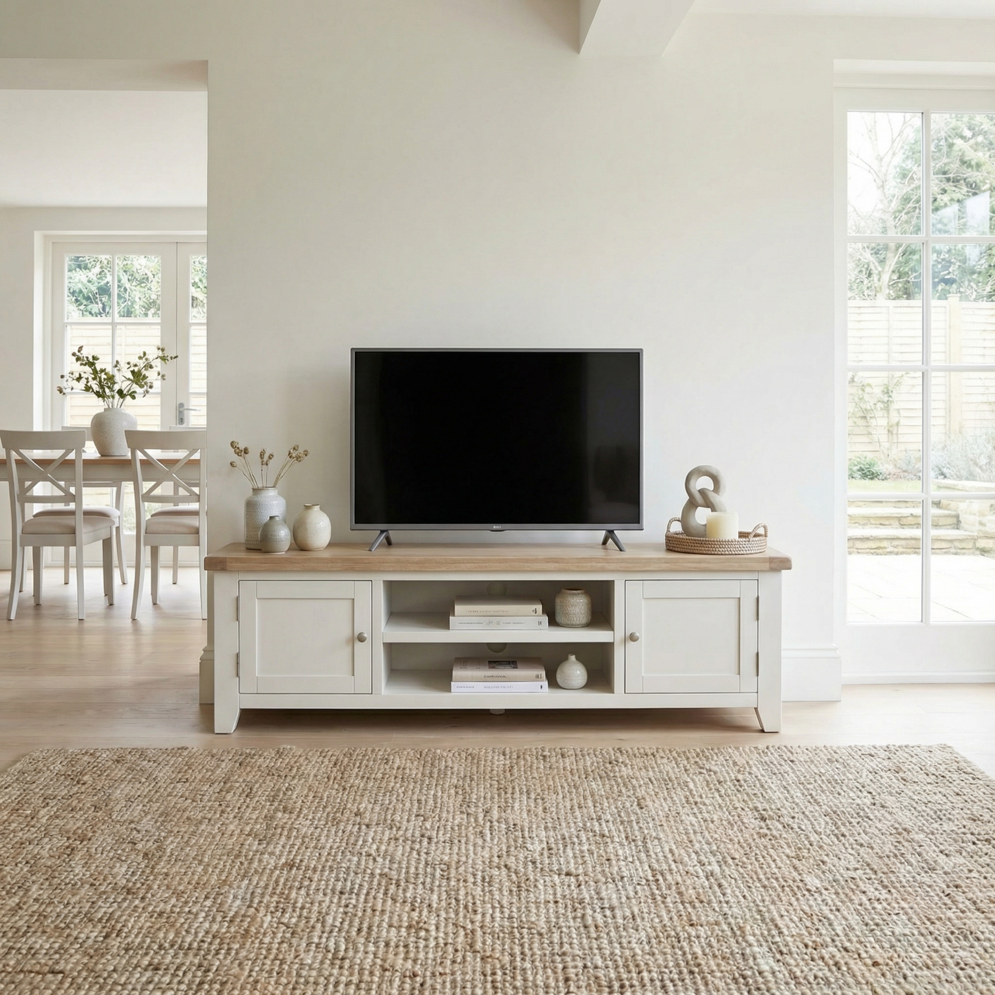 A flat-screen TV sits on the Burford Large 180cm Media Unit in Warm White, placed in a bright living room with a woven rug and a natural oak dining chair nearby.