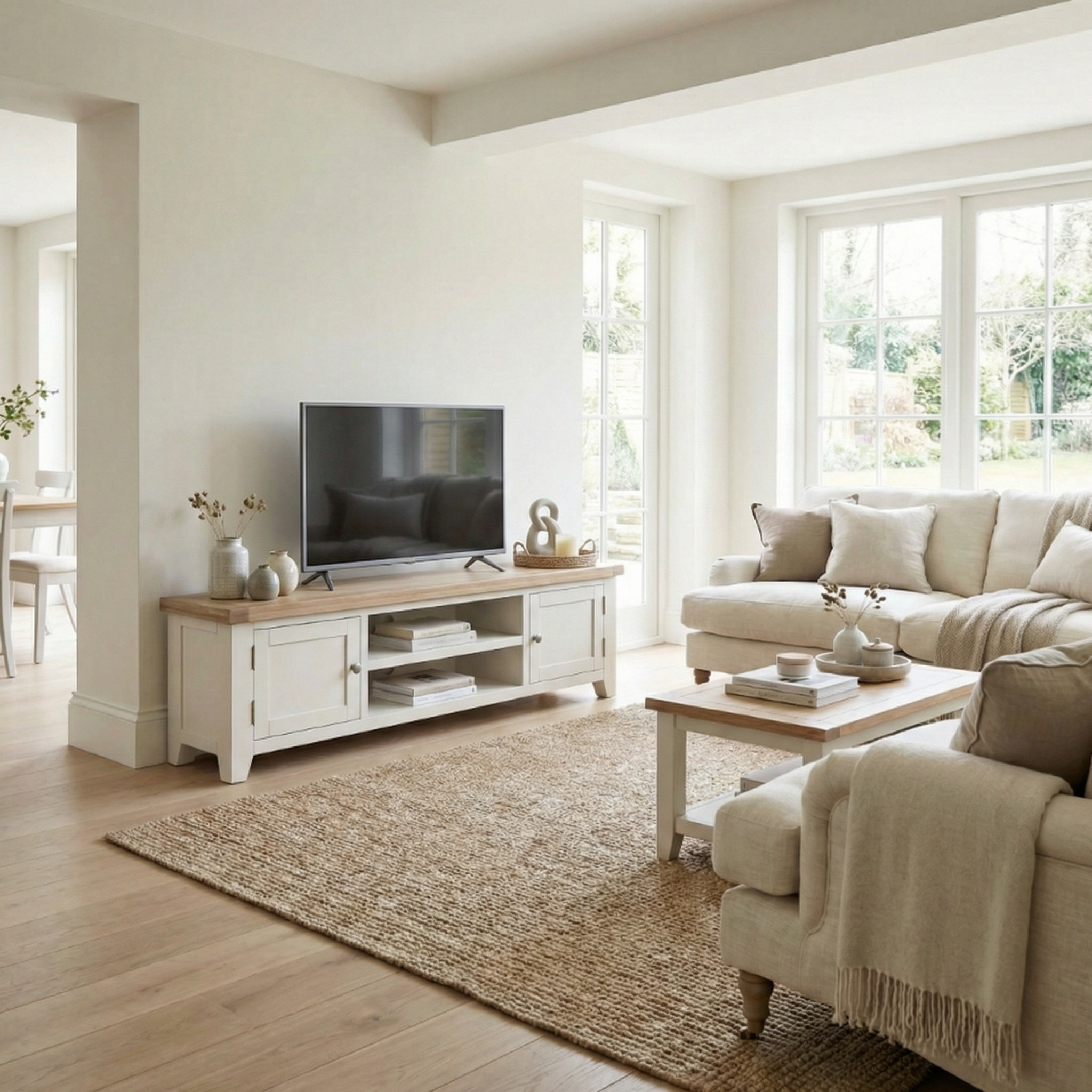 Bright living room with a beige sofa, Burford Large 180cm Media Unit in Warm White, wooden furniture, large windows, and natural light flows into the dining area with a stylish natural oak dining chair.