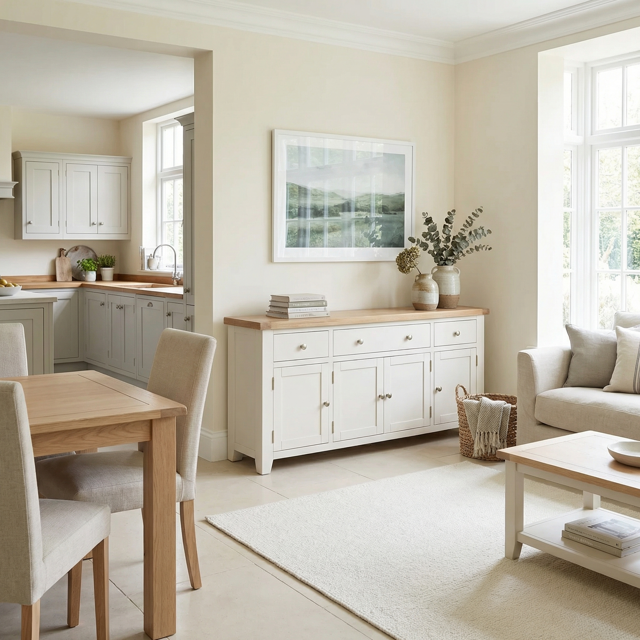 A bright, airy living room with a dining set, cozy couch, and kitchen view—anchored by the Burford Large 4 Door 3 Drawers Sideboard in Warm White for stylish storage.