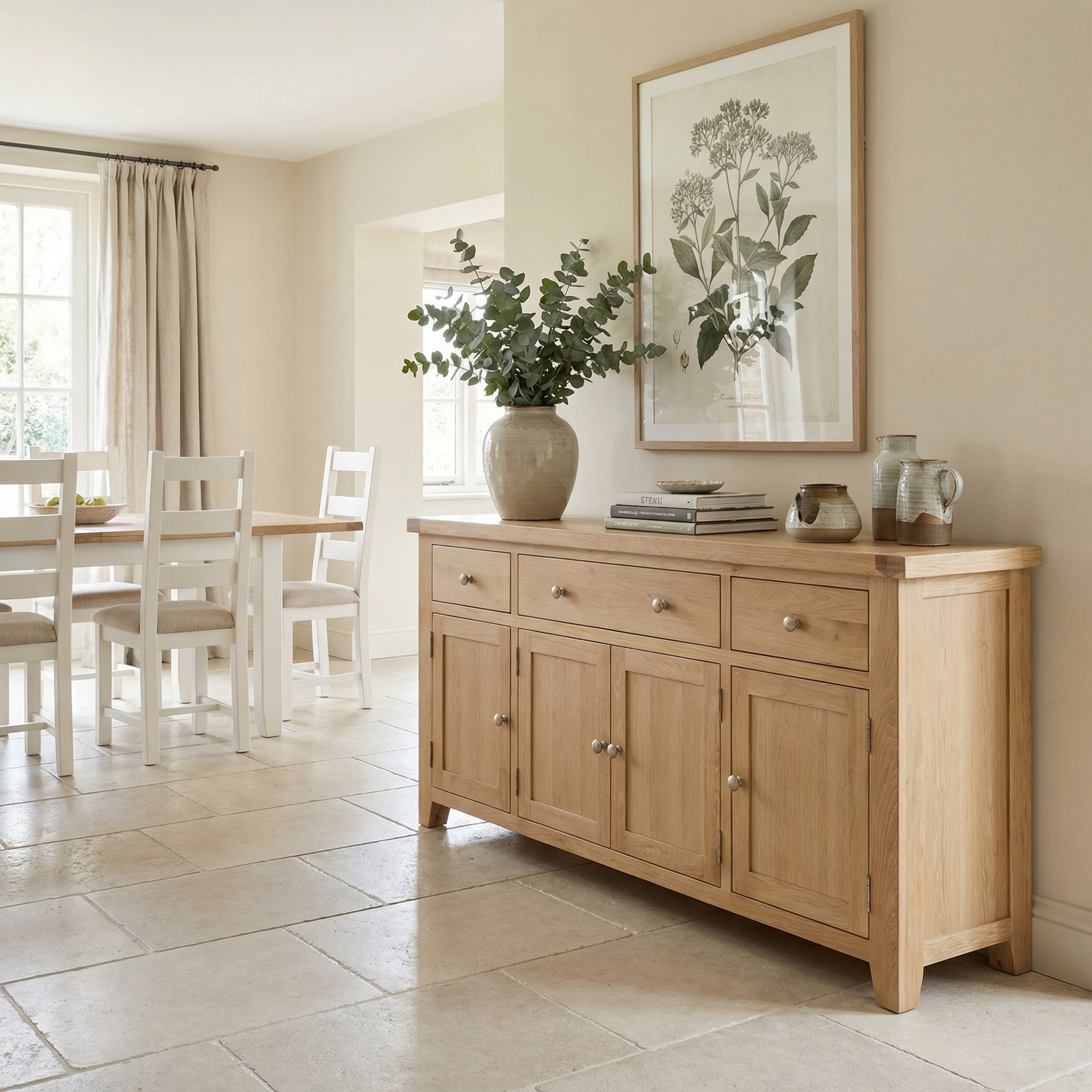 The Burford Large 4 Door 3 Drawers Sideboard in Natural Oak styled with a vase of greenery and an art print above enhances the dining area of a bright, neutral room.