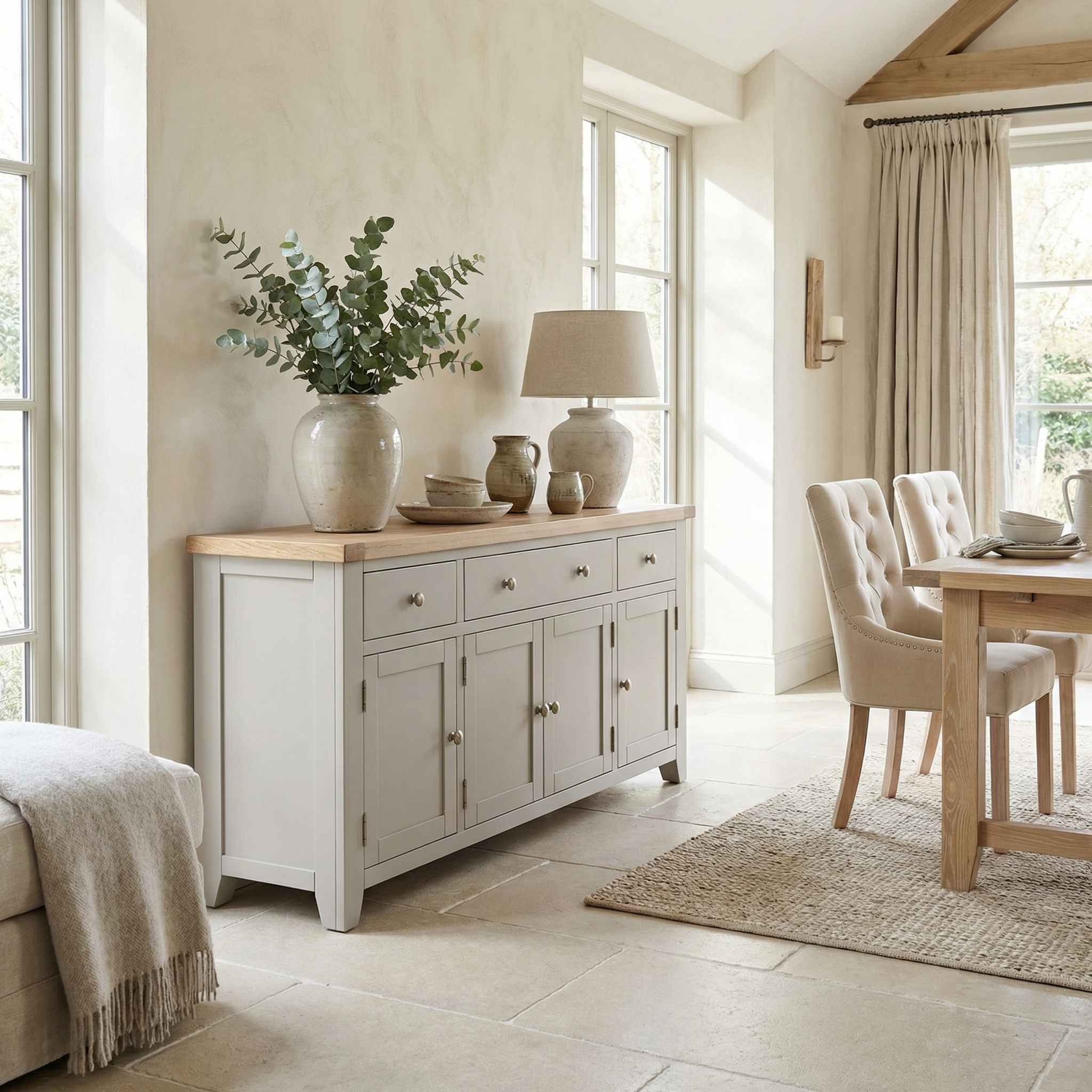 Light-filled dining room featuring the Burford Large 4 Door 3 Drawers Sideboard in Pebble Grey, ceramic vases, a lamp, and neutral-toned furniture.