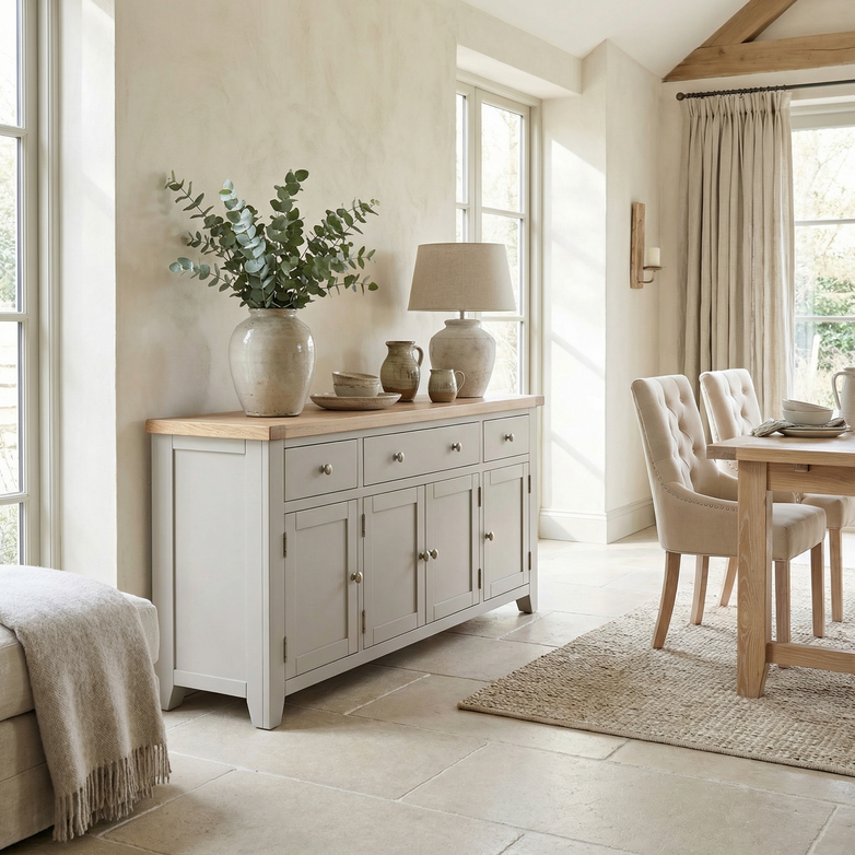 Light-filled dining room featuring the Burford Large 4 Door 3 Drawers Sideboard in Pebble Grey, neutral decor, a large vase with greenery, and upholstered chairs.