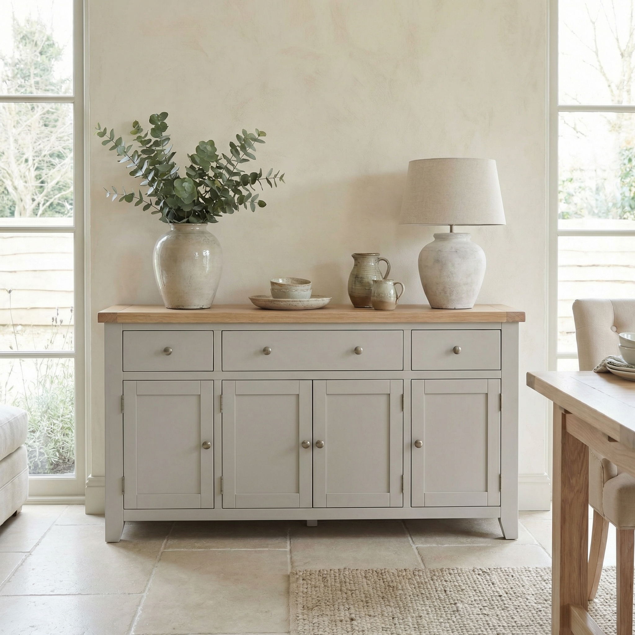 Pebble Grey Burford Large 4 Door 3 Drawers Sideboard styled with a lamp, vase of greenery, and ceramic dishes in a bright, airy room.