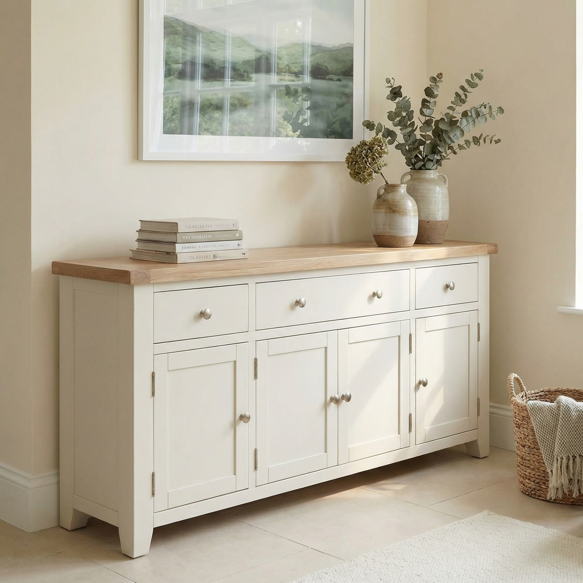 The Burford Large 4 Door 3 Drawers Sideboard in Warm White, styled with vases of greenery, stacked books, and a wicker basket, brightens up the room.