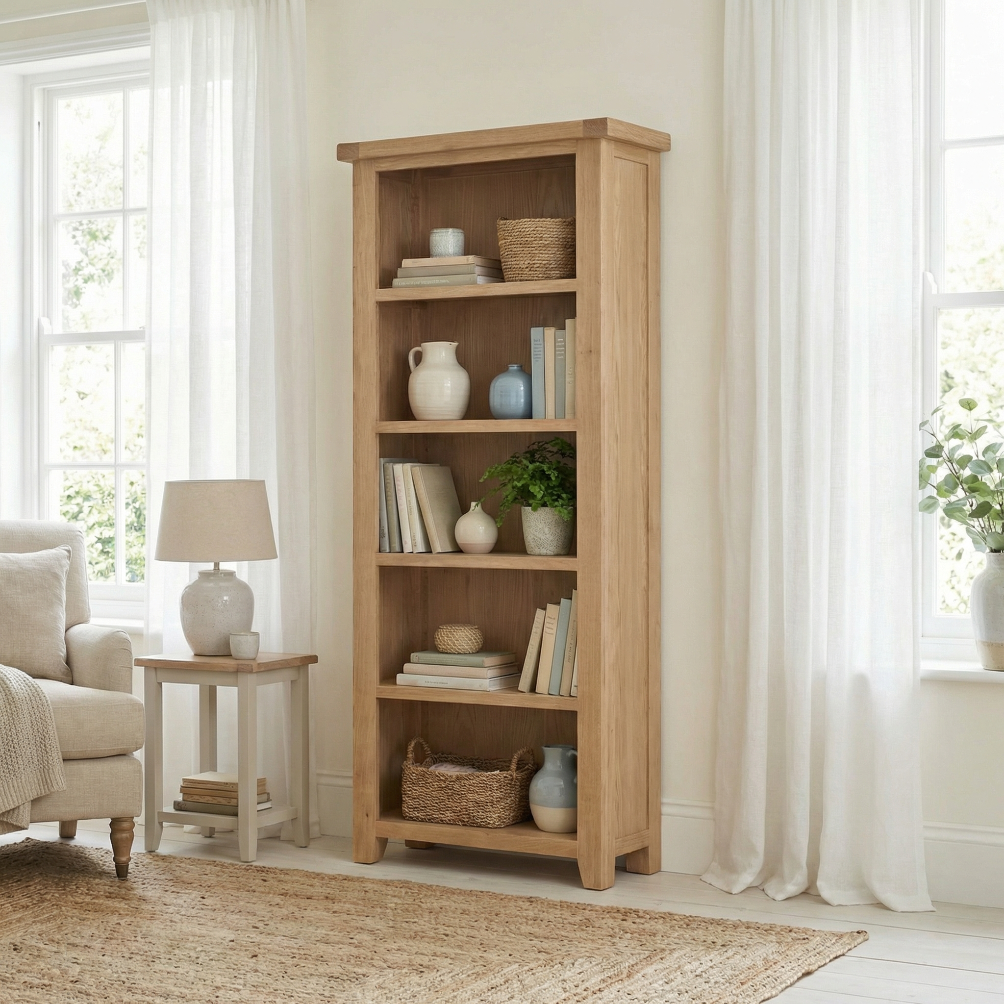 The Burford Large Bookcase in Natural Oak displays books, decor, and baskets in a sunlit living room with white curtains, highlighting the timeless beauty of natural oak.