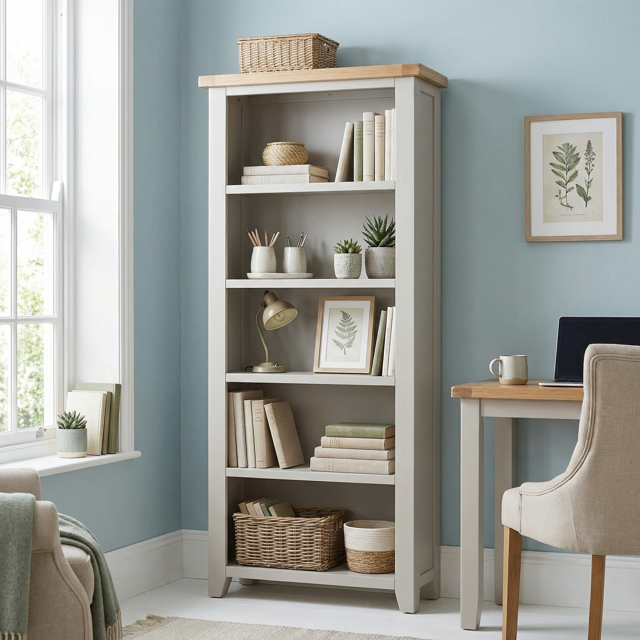 The Burford Large Bookcase in Pebble Grey features an oak top and offers spacious shelves for storing books, decor, and baskets.