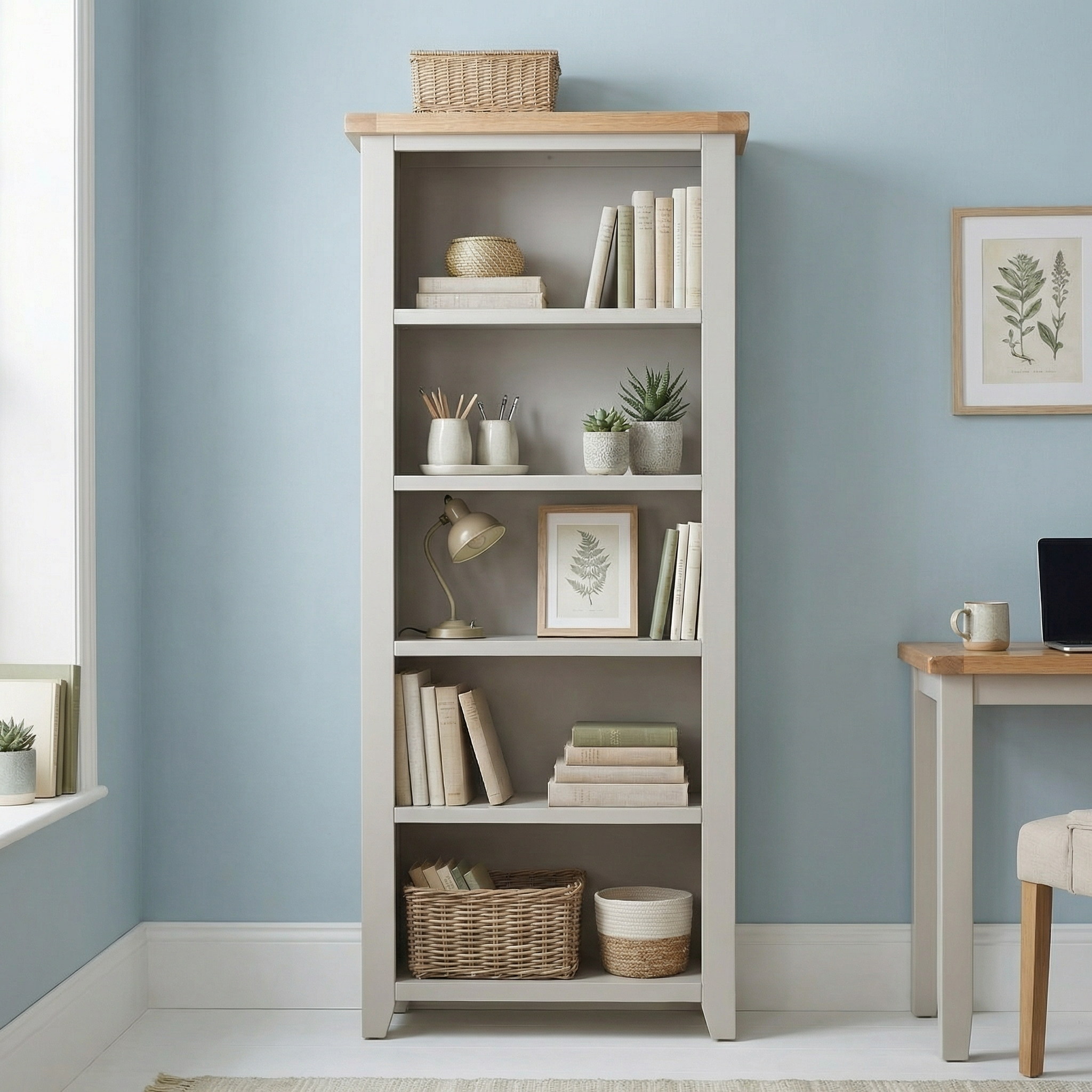 The Burford Large Bookcase in Pebble Grey, styled with books, plants, baskets, and framed art, brings charm to a light and modern home office.