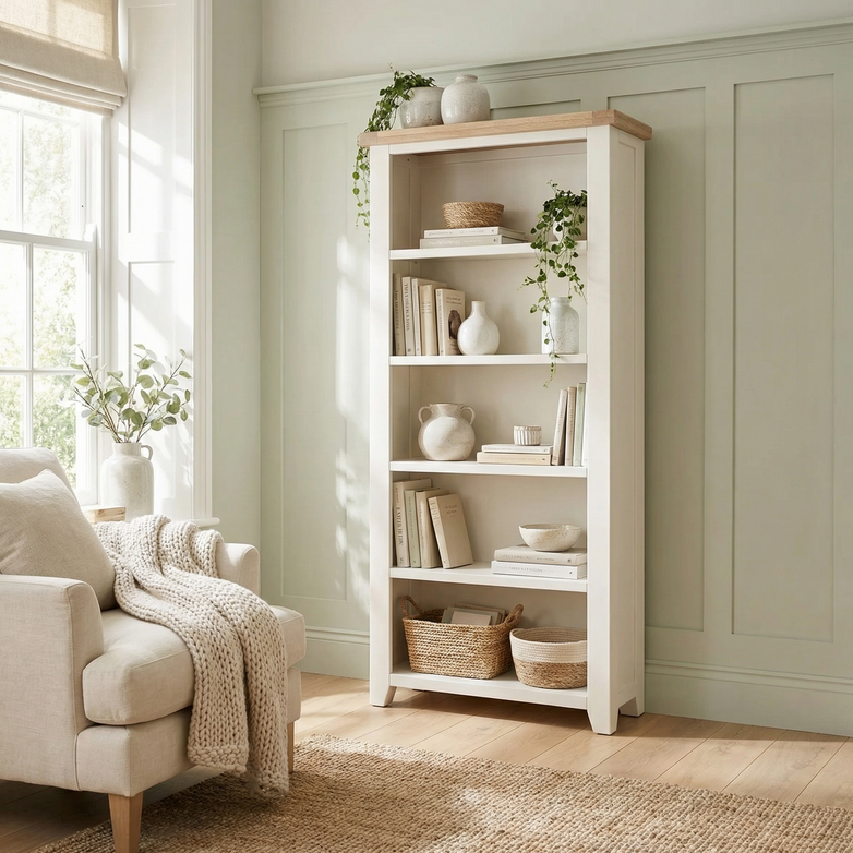 The Burford Large Bookcase in Warm White is styled with books, baskets, and plants next to a beige armchair in a bright, cozy living room.