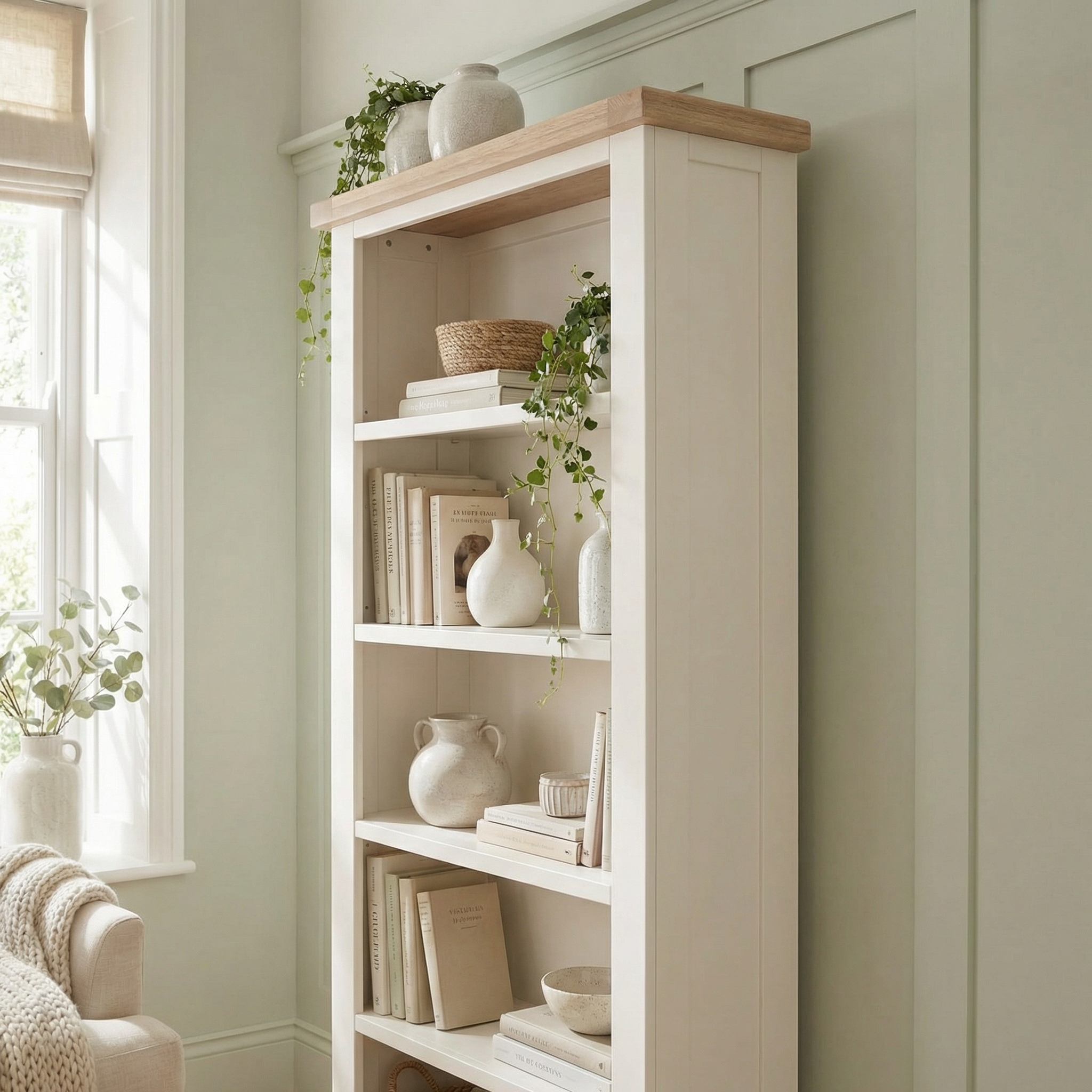The Burford Large Bookcase in Warm White, styled with books, white vases, and green plants, stands in a bright, cozy room filled with soft natural light.