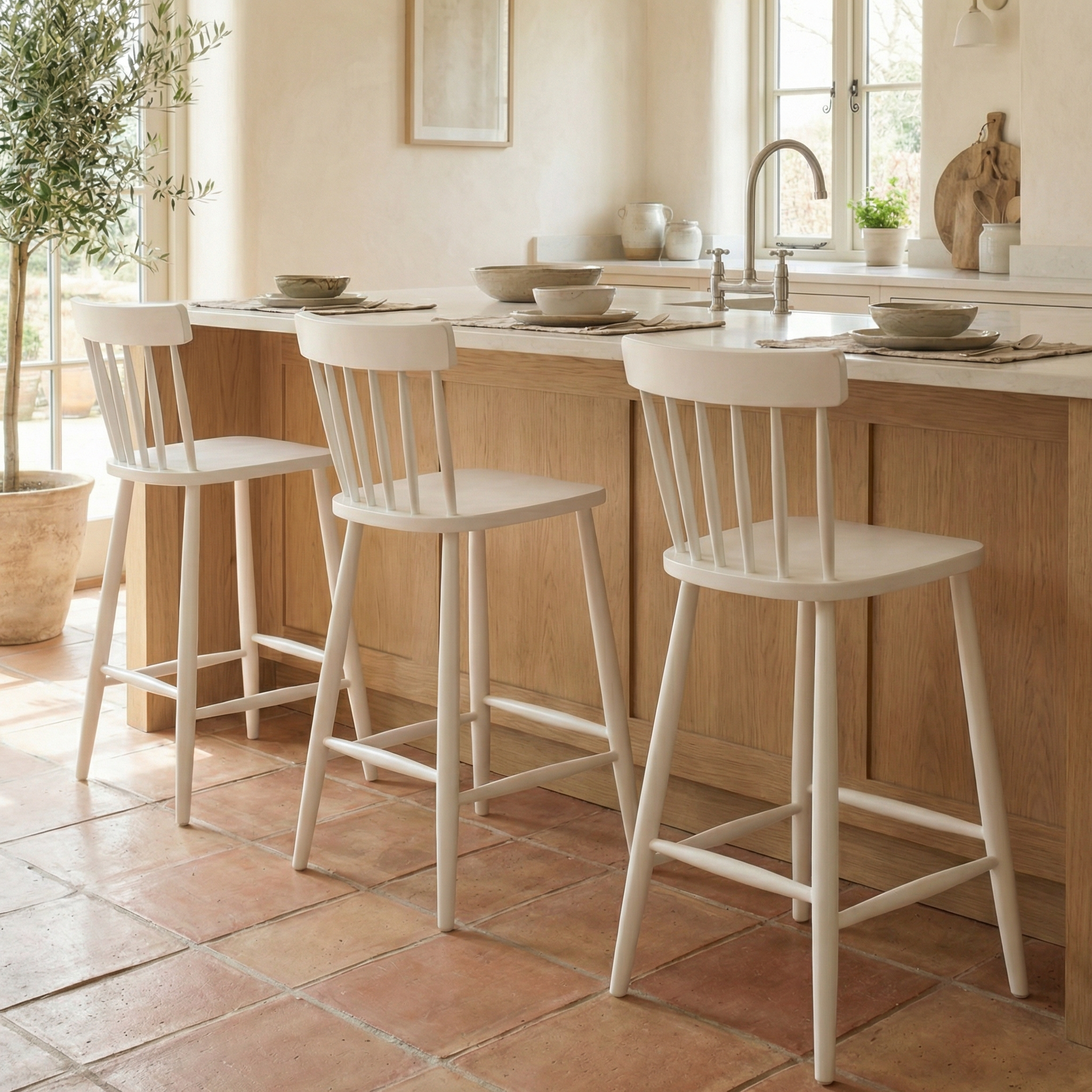 Three Burford Spindleback Bar Stools in Warm White provide stylish and comfortable seating at a light wood kitchen island in a bright, airy kitchen.