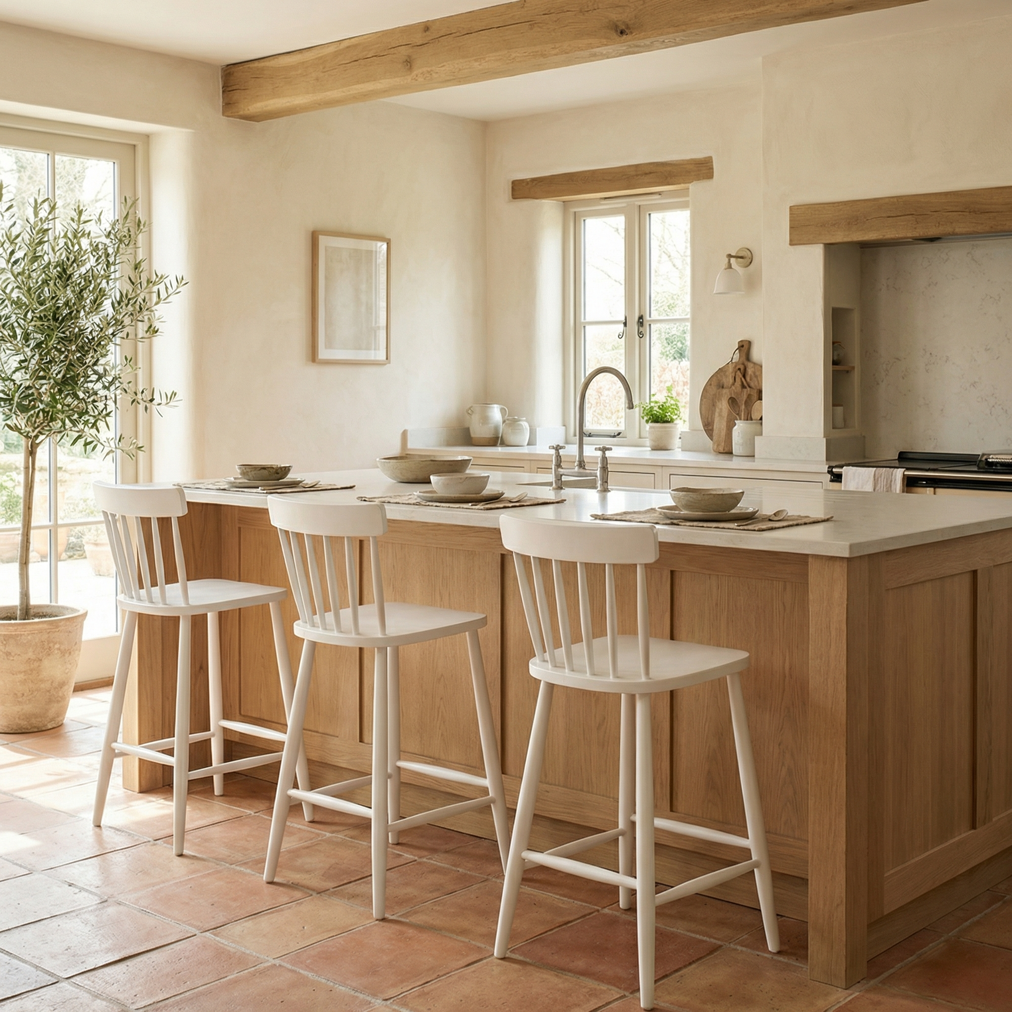 A bright, rustic kitchen features a wooden island, Burford Spindleback Bar Stools in Warm White for island seating, and a potted tree by the window.