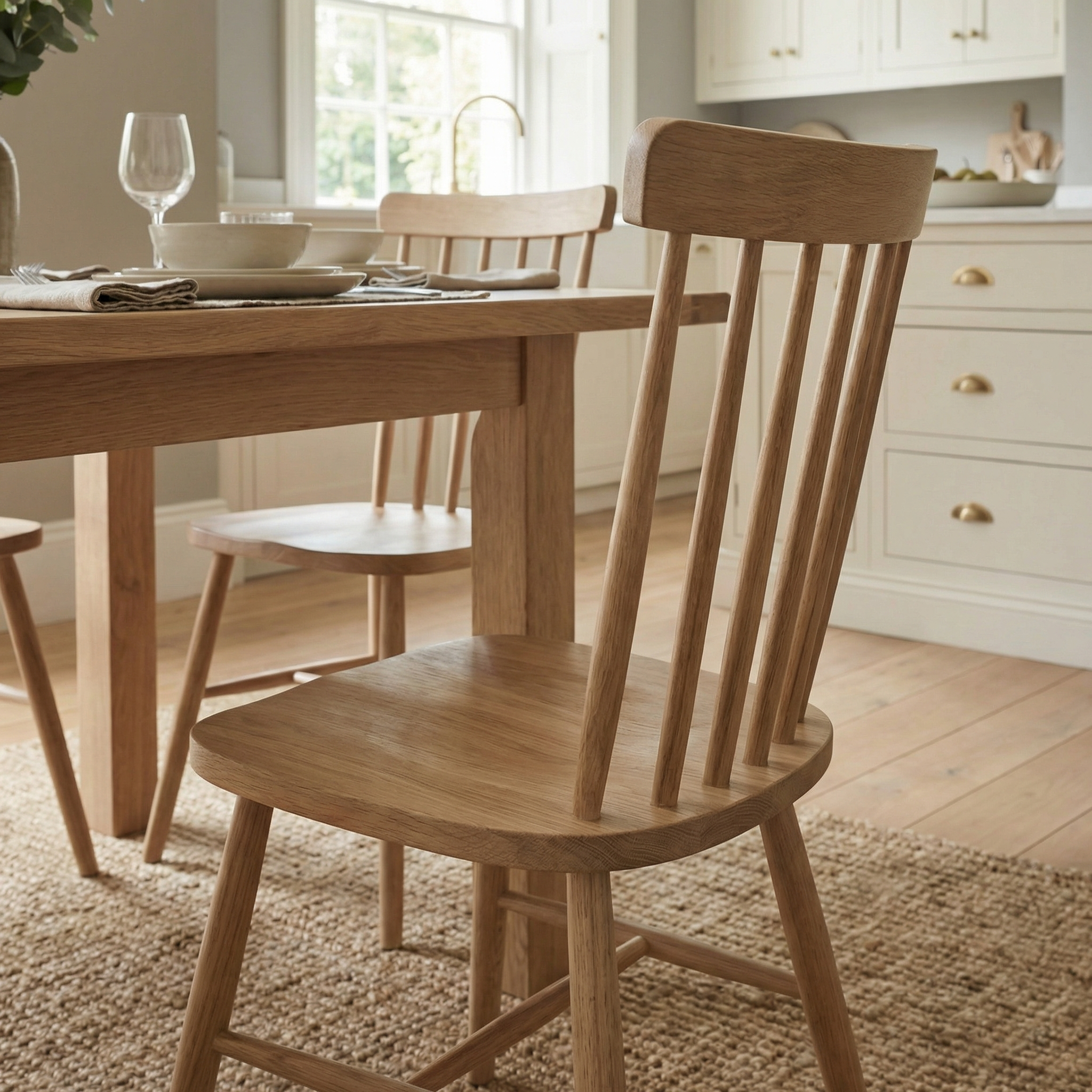 Spindleback Dining Chairs in light wood surround the table in a bright kitchen—part of the Burford 6 Seat Extending Dining Set with Spindleback Dining Chair in Natural Oak.