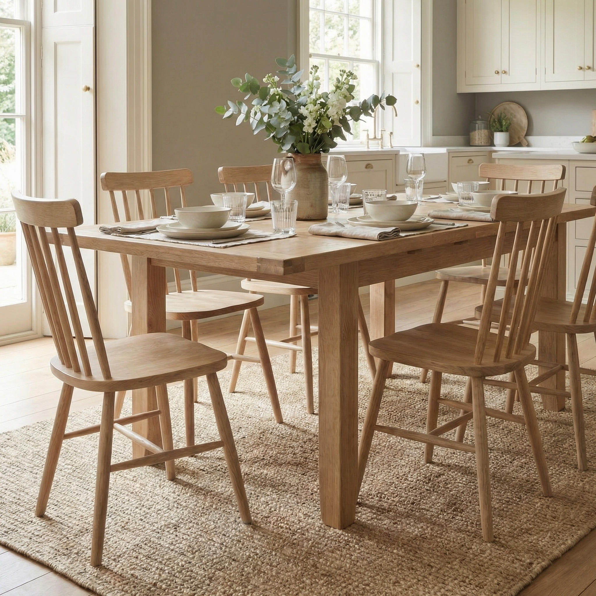 The Burford 6 Seat Extending Dining Set with Spindleback Dining Chair in Natural Oak is set for a meal in a bright, cozy kitchen, its natural oak finish adding warmth to the inviting space.