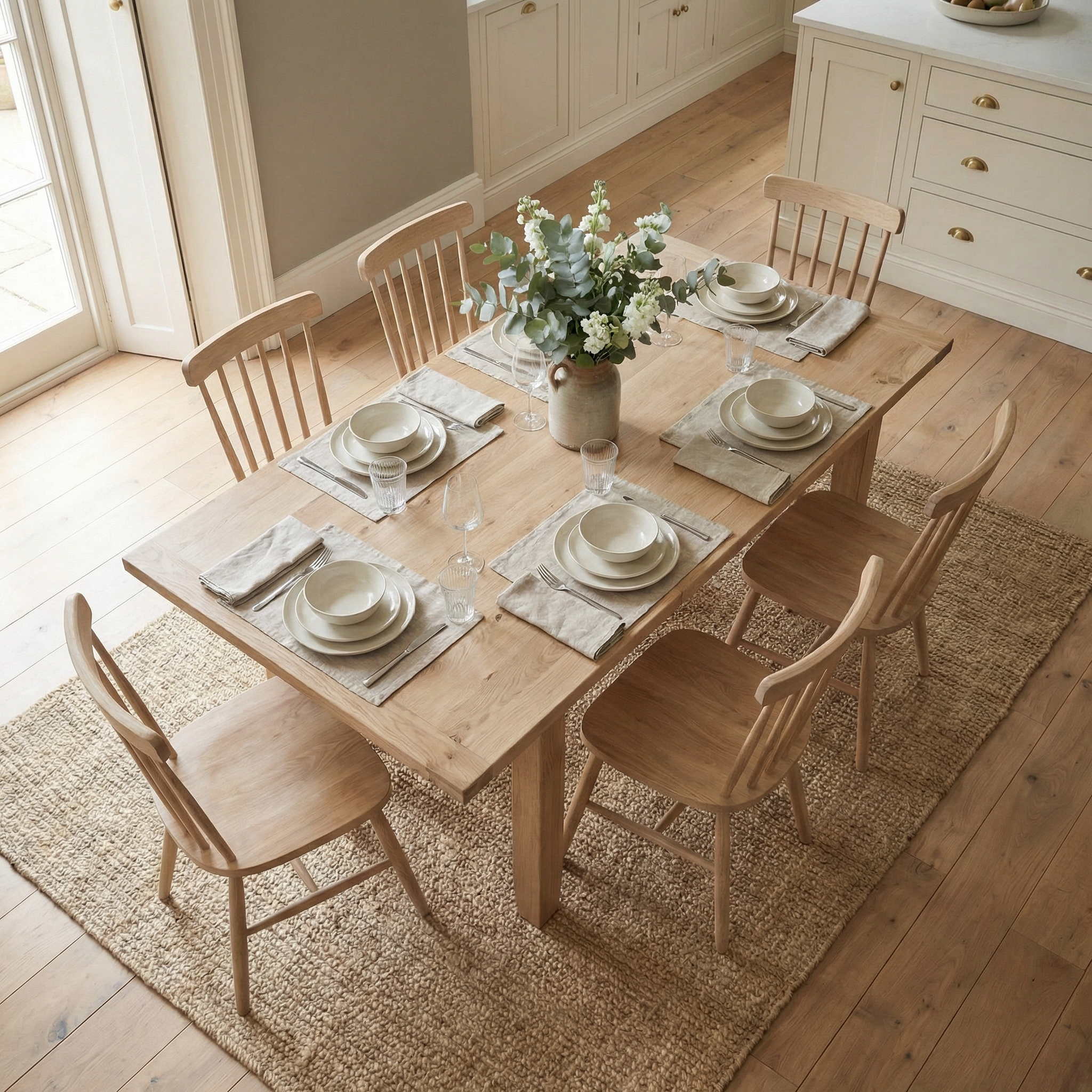 The Burford 6 Seat Extending Dining Set with Spindleback Dining Chair in Natural Oak is shown with neutral tableware, a flower vase, and wooden chairs arranged on a woven rug.