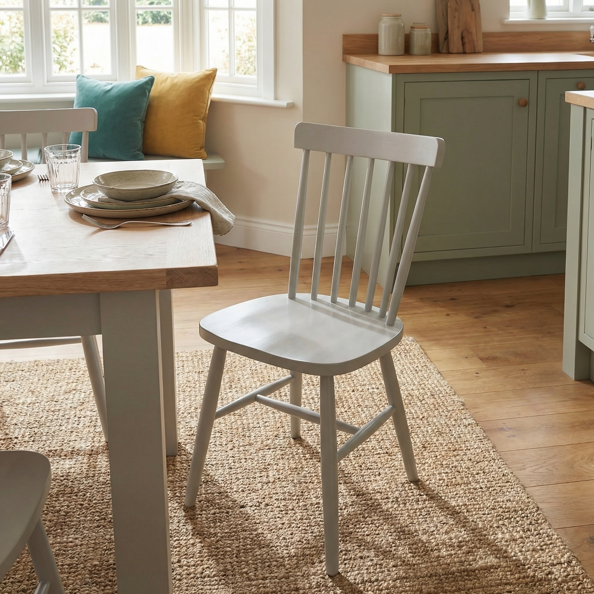 A Burford Set of 2 Spindleback Dining Chairs in Pebble Grey is placed by the dining table in a cozy kitchen with pastel cabinets and cushions on the windowsill.