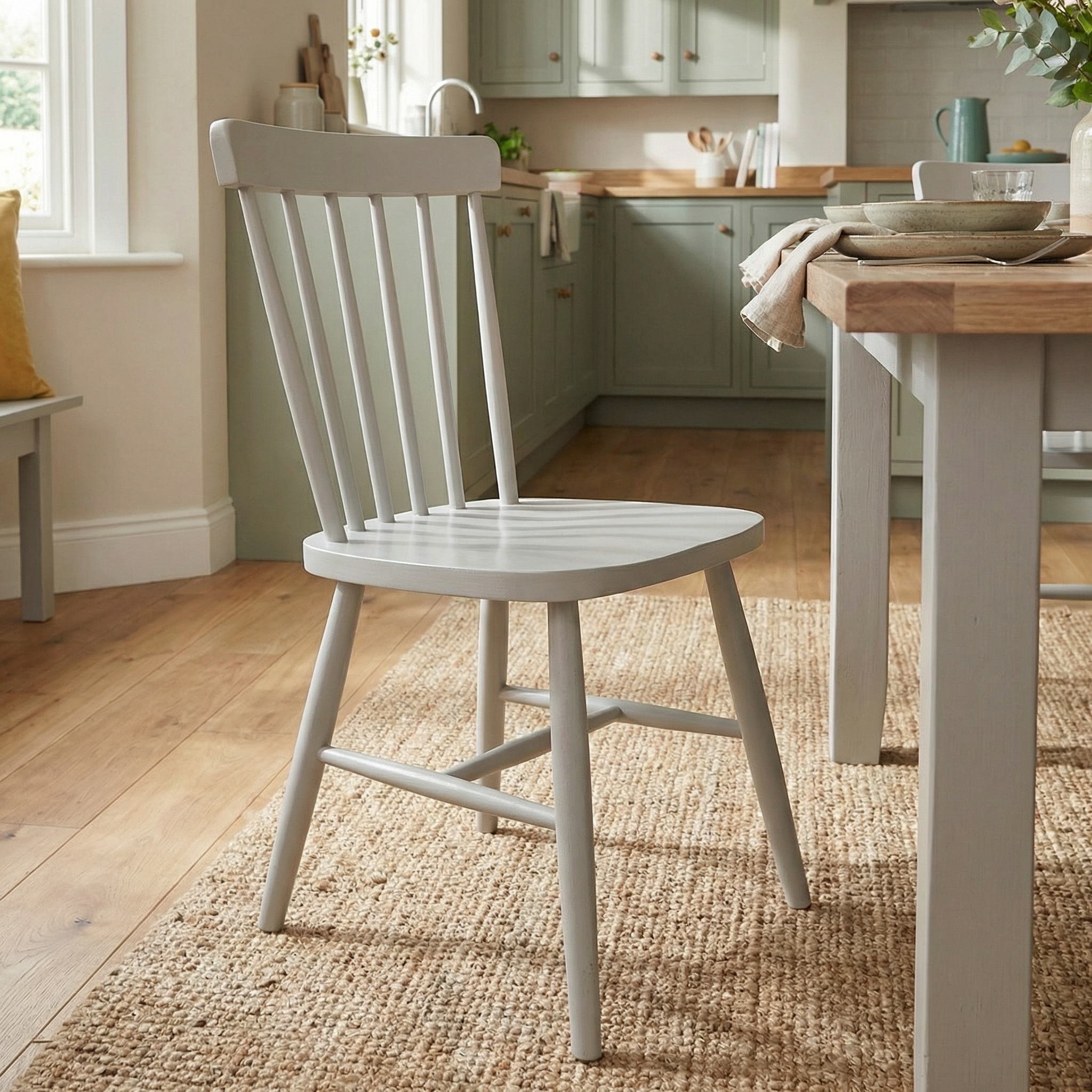 A set of Burford Spindleback Dining Chairs in Pebble Grey sits by the dining table in a cozy, sunlit kitchen with wooden floors, adding charm to the inviting space.