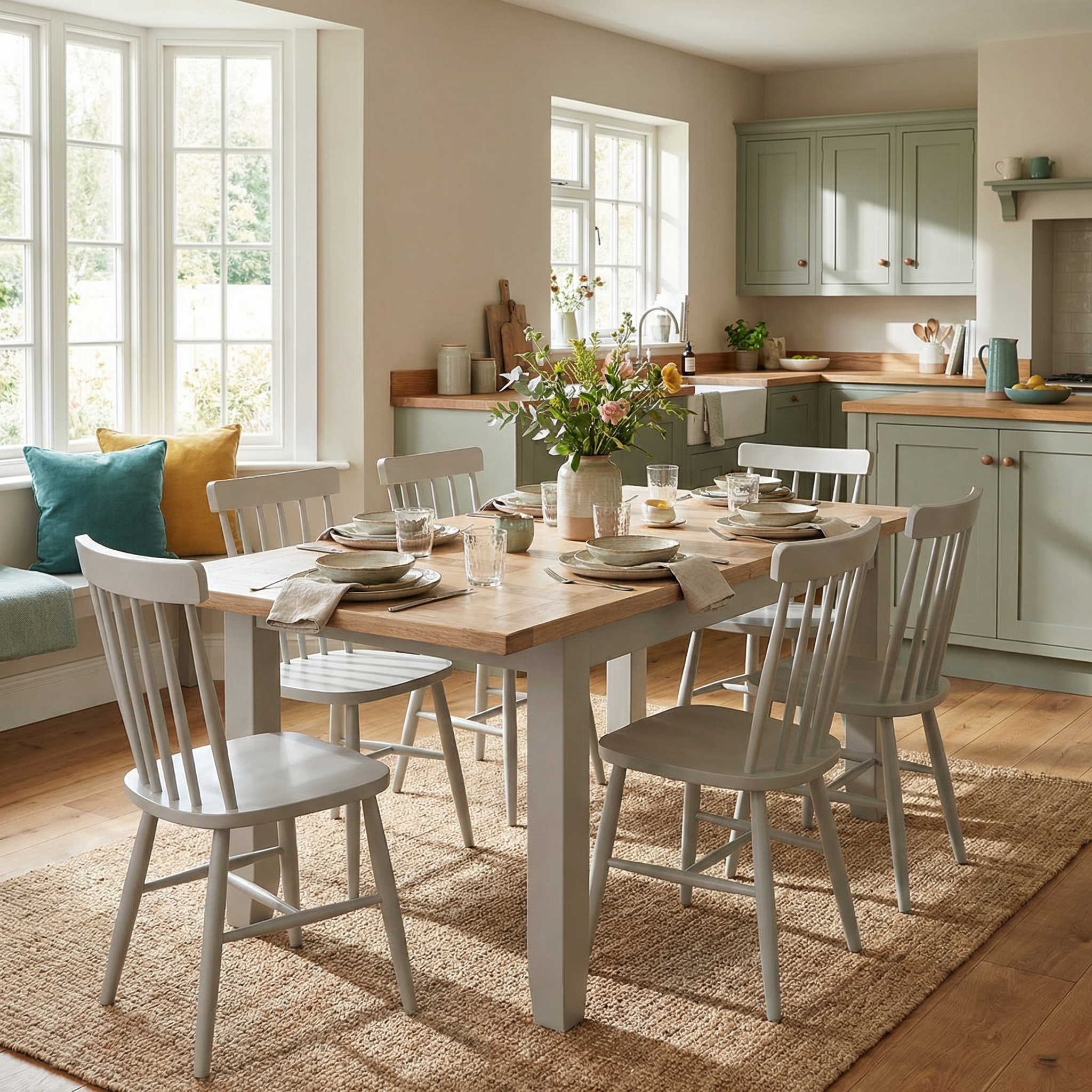 Sunlit kitchen with a wooden dining table, three sets of Burford Spindleback Dining Chairs in Pebble Grey, and green cabinets, set for a meal.