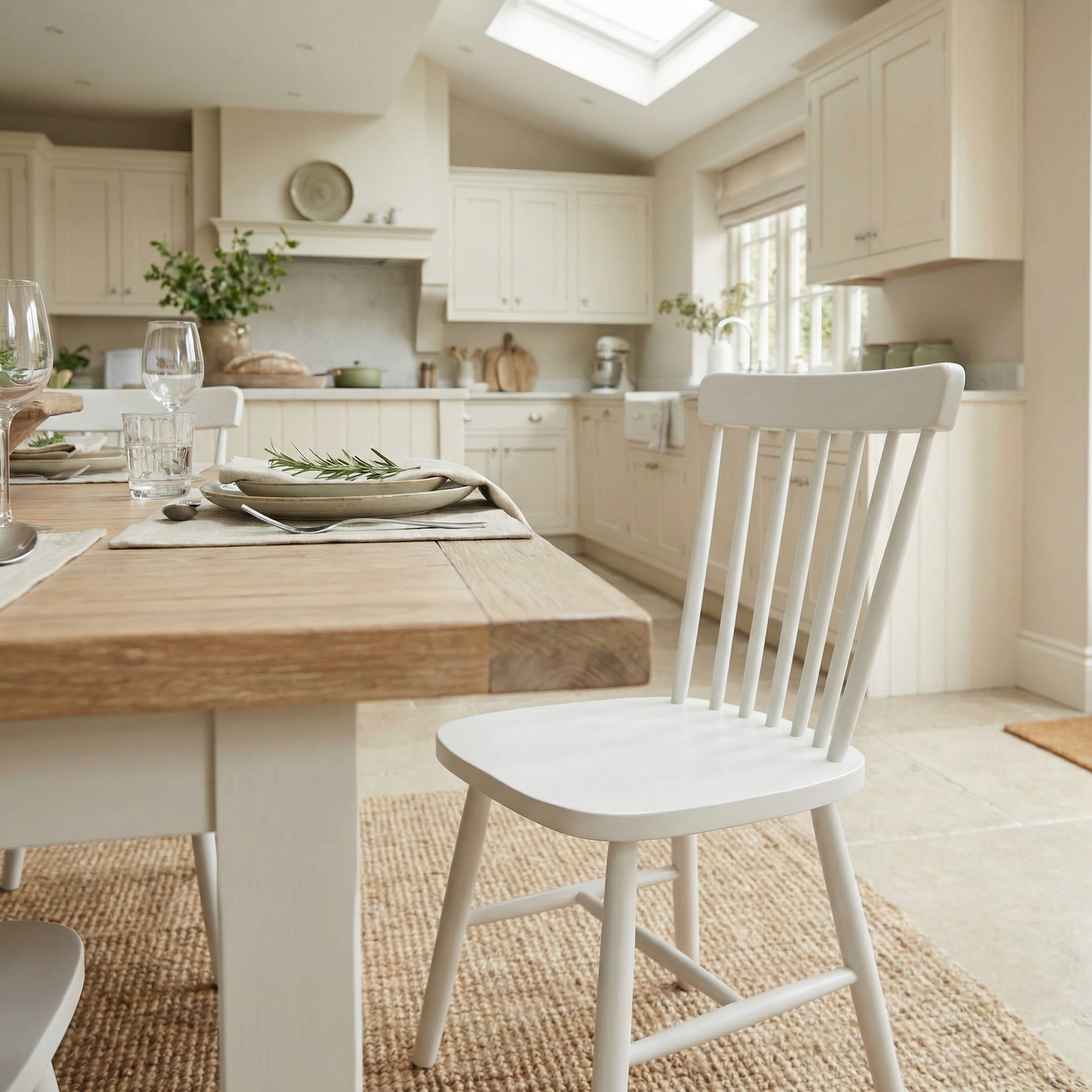 Bright, modern kitchen with white cabinets and a wooden table, featuring the Burford Set of 2 Spindleback Dining Chairs in Warm White, bathed in natural light from a skylight.