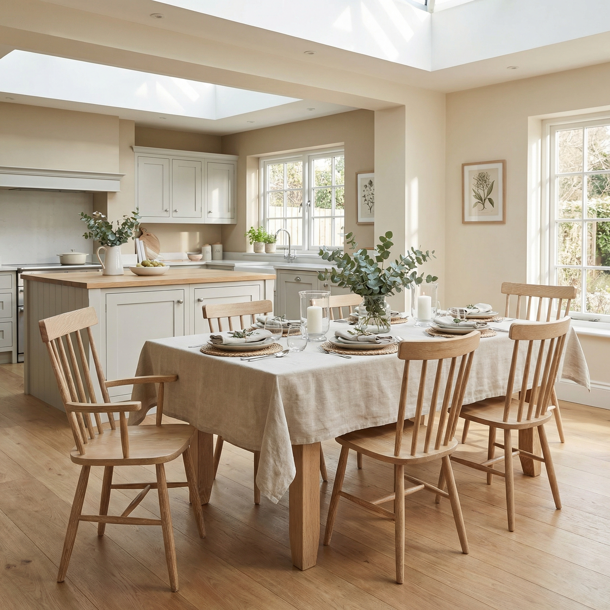 Bright kitchen featuring a wooden dining table, six Burford Spindleback Dining Chairs with Armrest in Natural Oak, neutral decor, and sunlight streaming through the windows.