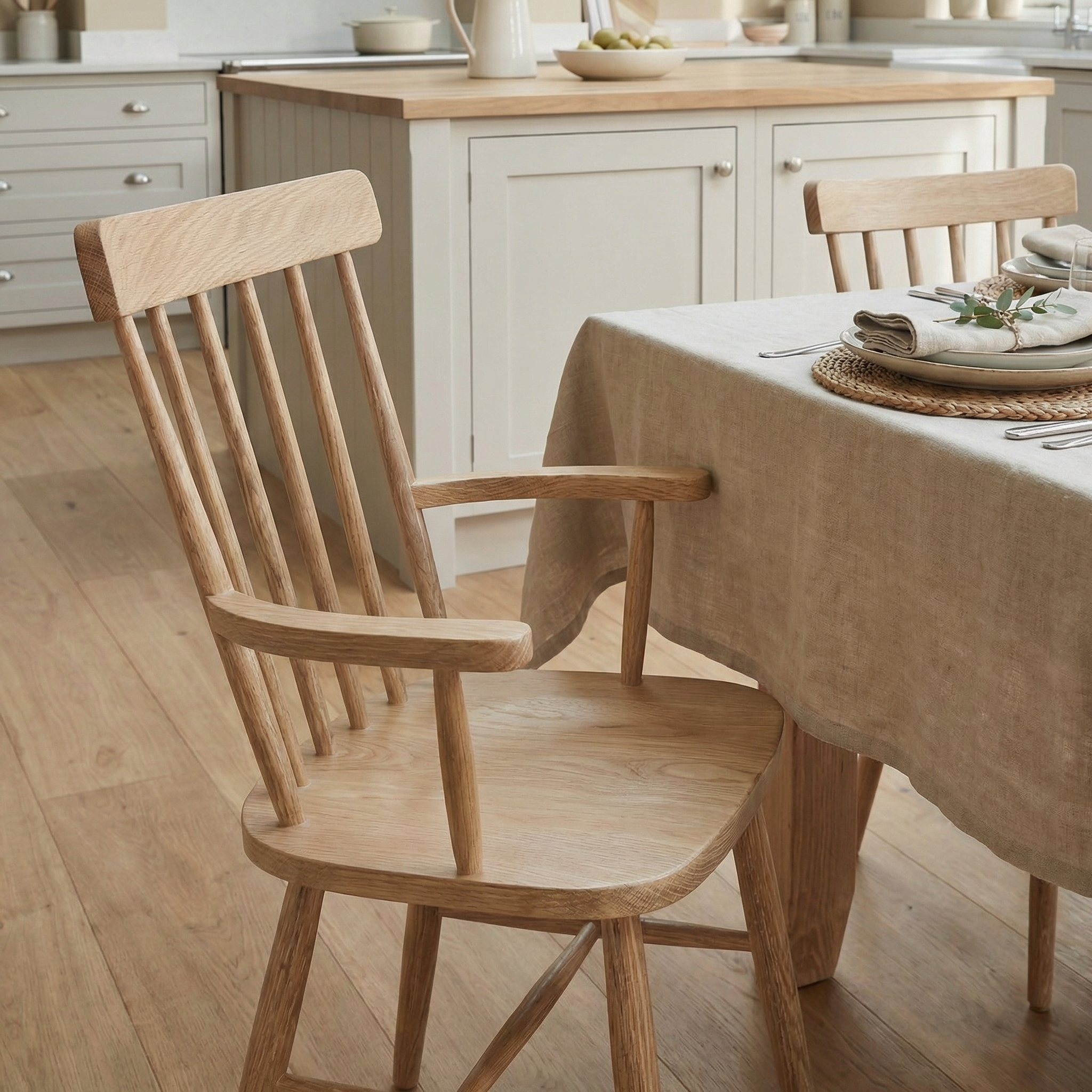 A Burford Spindleback Dining Chair with Armrest in Natural Oak sits beside a table with a beige tablecloth, adding charm to this bright, modern kitchen.