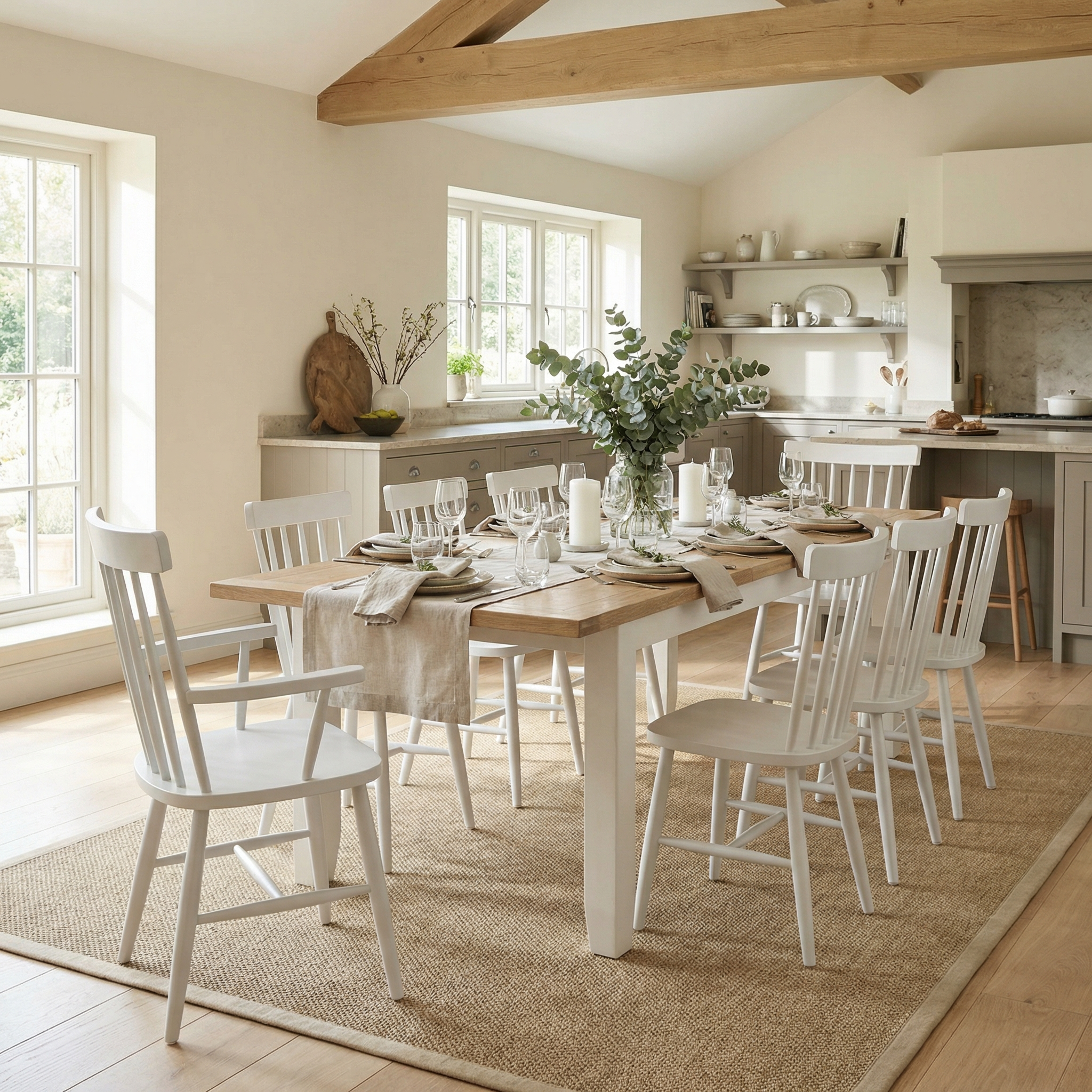 Bright dining room featuring a set table, candles, a greenery centerpiece, and Burford Spindleback Dining Chairs with Armrests in Warm White for a welcoming feel.