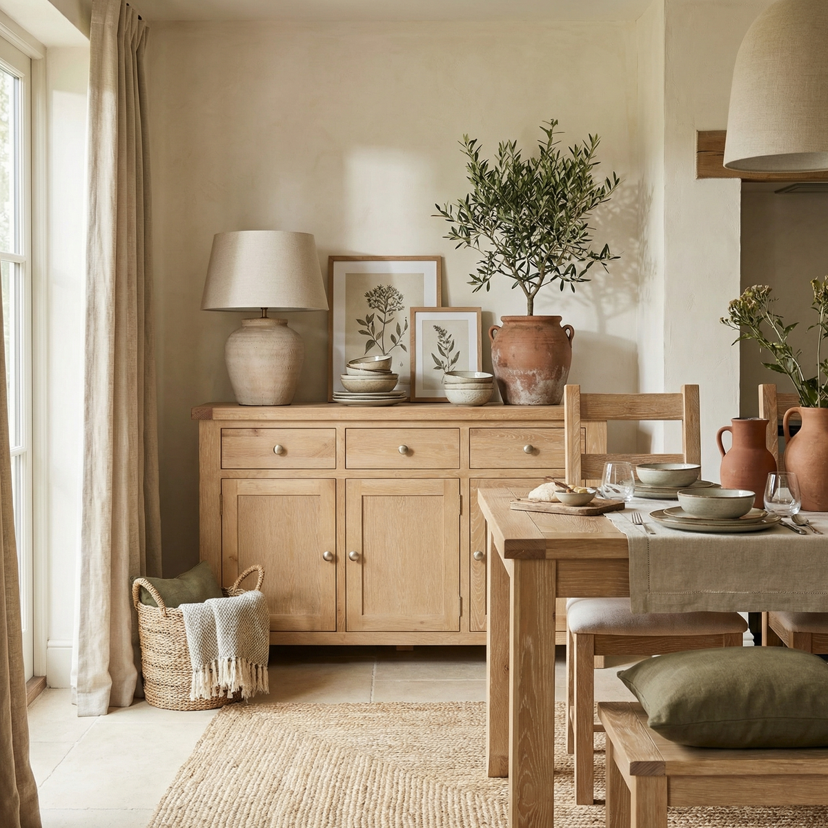 Bright dining room with wooden furniture, potted plants, and sunlight streaming in. The inviting space features a Burford Large 3 Door 3 Drawers Sideboard in Natural Oak that blends seamlessly with the decor.