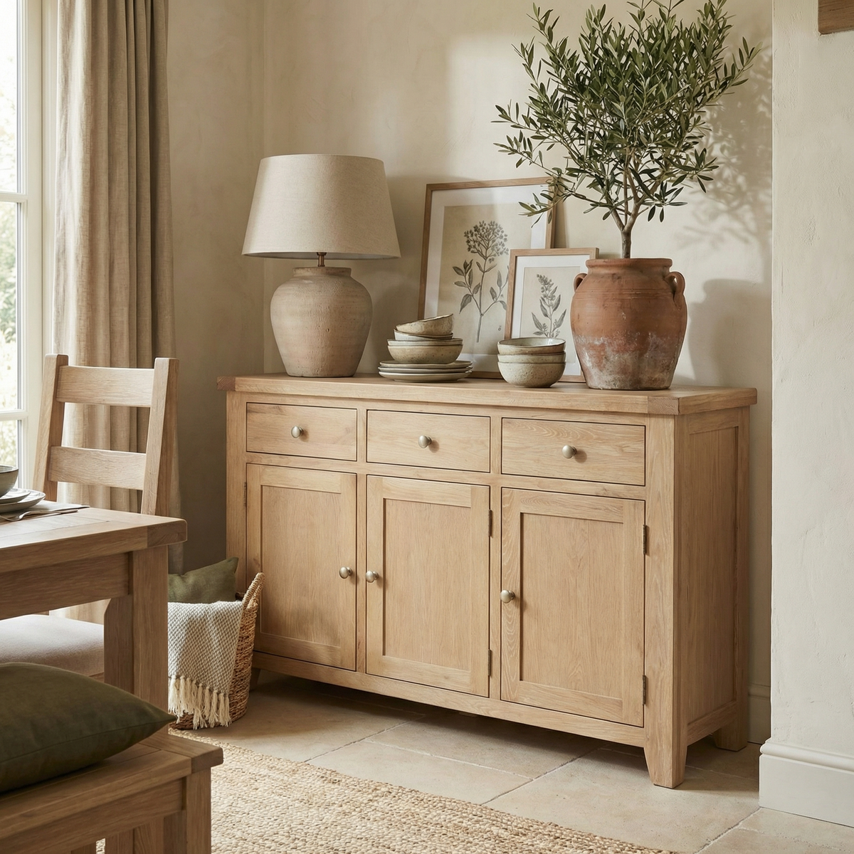 The Burford Large 3 Door 3 Drawers Sideboard in Natural Oak is styled with decorative accents on top, featuring a lamp and a potted olive tree.
