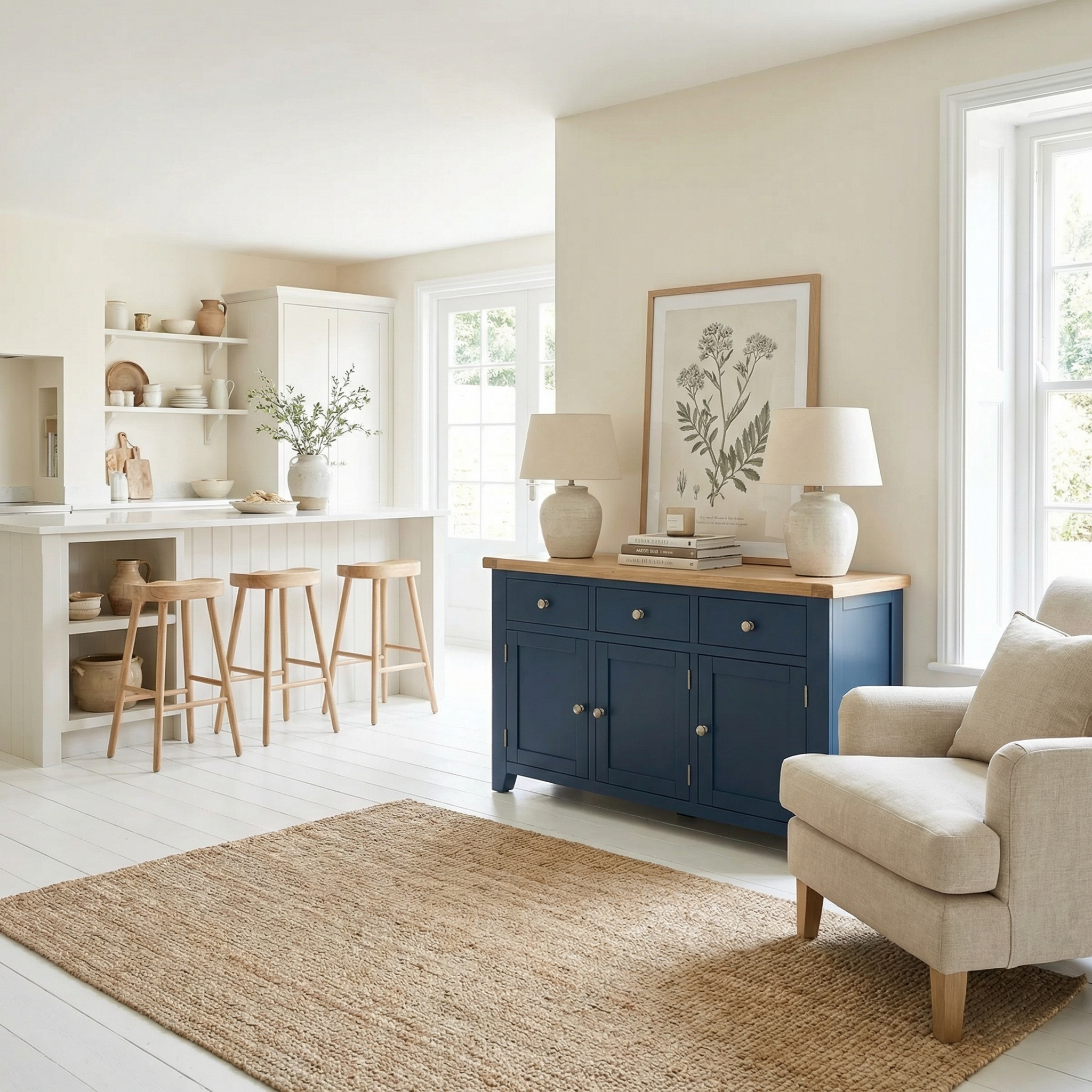 Bright, cozy living space featuring the Burford Large 3 Door 3 Drawers Sideboard in Navy Blue, a beige armchair, a natural rug, and minimalist decor.