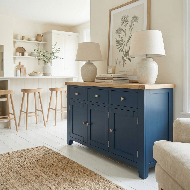 The Burford Large 3 Door 3 Drawers Sideboard in Navy Blue pairs with two lamps, neutral decor, and bar stools to enhance a bright, airy living space.