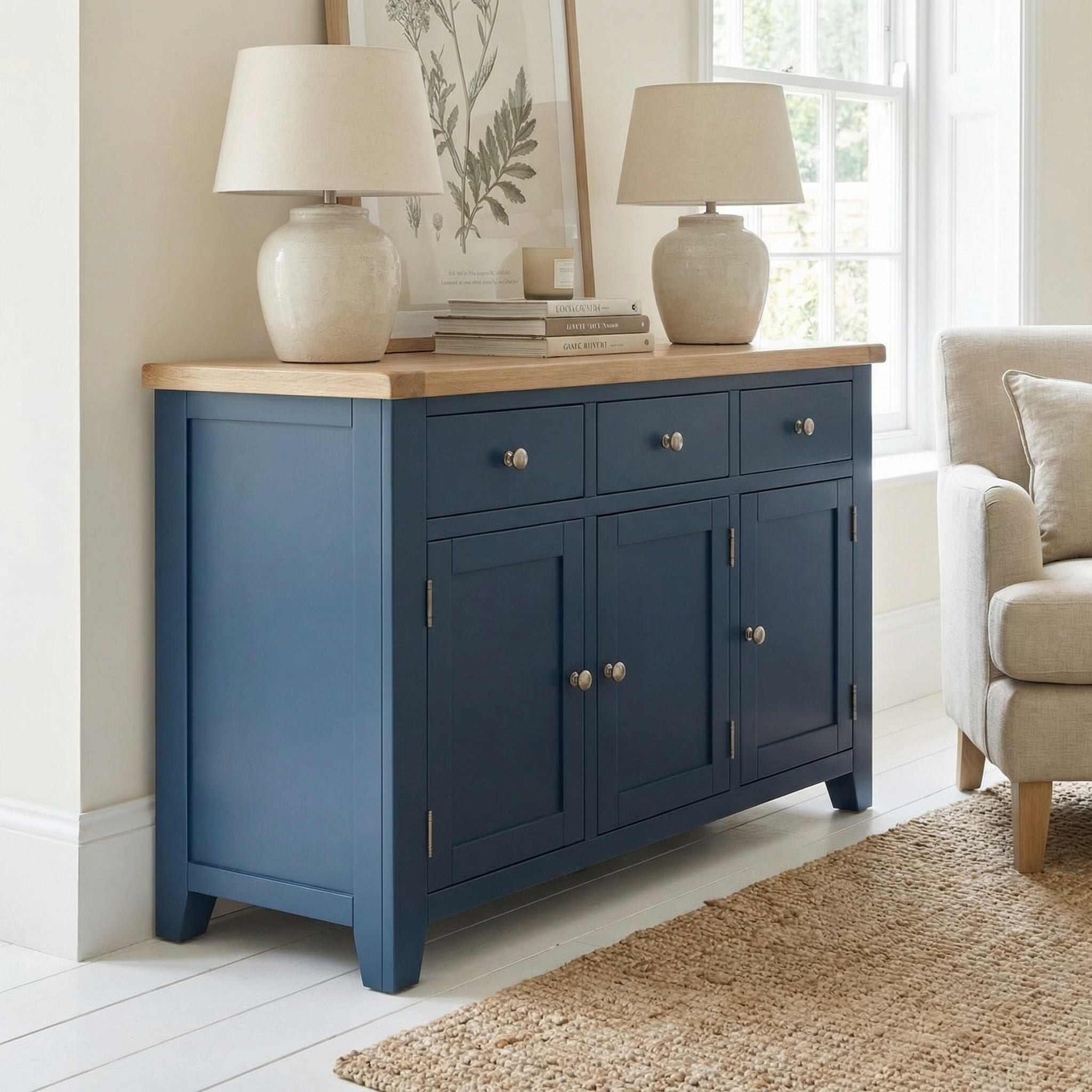 A Burford Large 3 Door 3 Drawers Sideboard in Navy Blue, topped with lamps and books, stands beside a beige sofa in a bright living room.