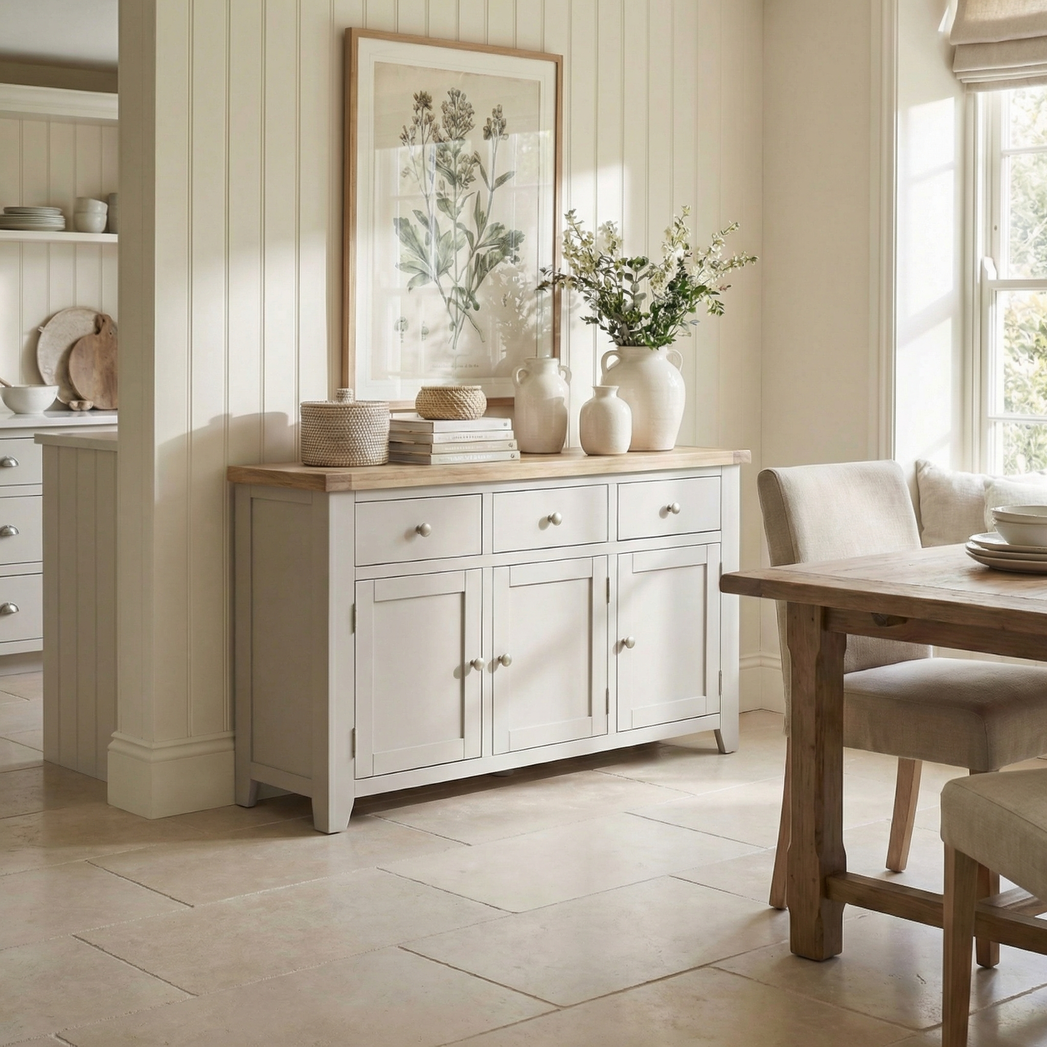 Bright, neutral-toned dining room with wooden furniture, a Burford Large 3 Door 3 Drawers Sideboard in Pebble Grey with an oak top, and ceramic vases displayed near the window.