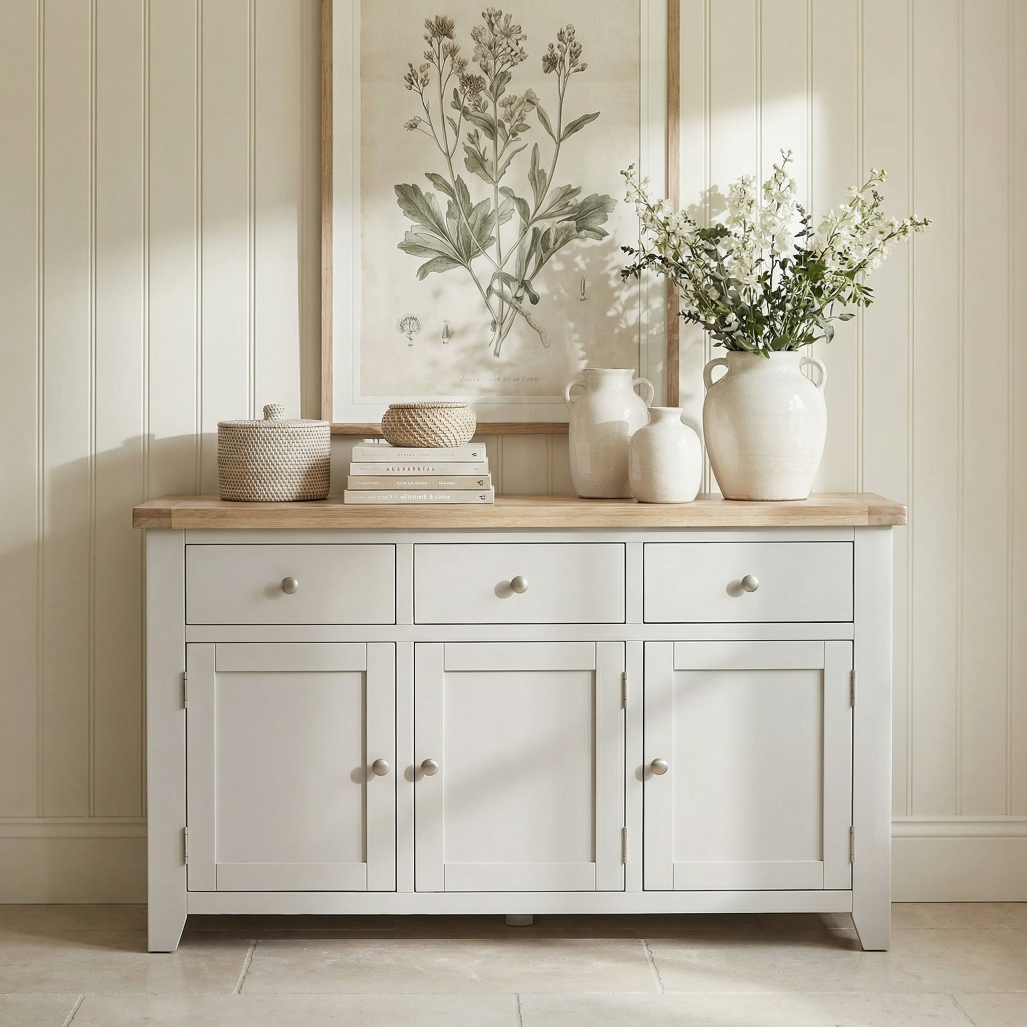 The Burford Large 3 Door 3 Drawers Sideboard in Pebble Grey is styled with vases, flowers, books, and baskets on top and features a botanical wall print above.