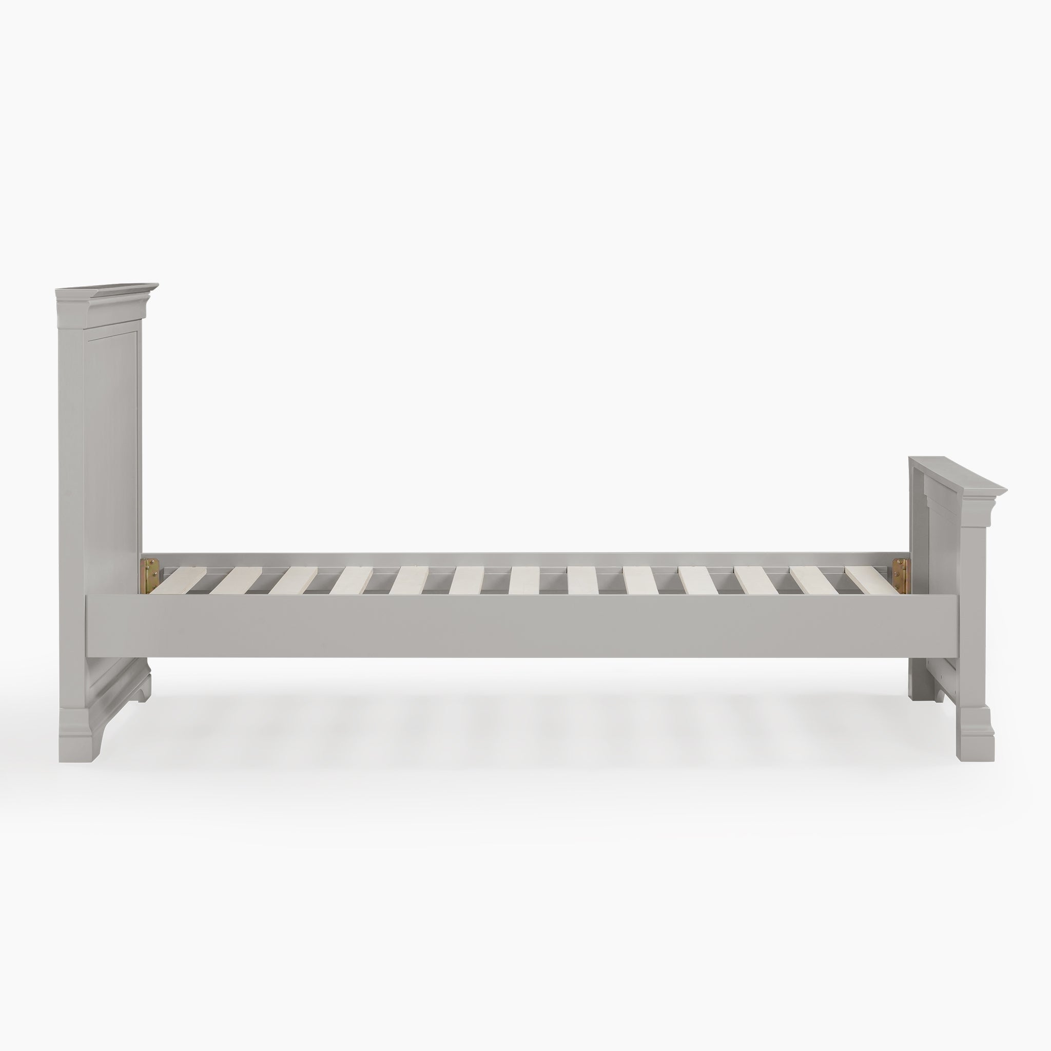 Chalbury 3ft High-End Single Bed Frame in Pebble Grey, featuring a tall headboard and footboard with slatted support, set against a white background.