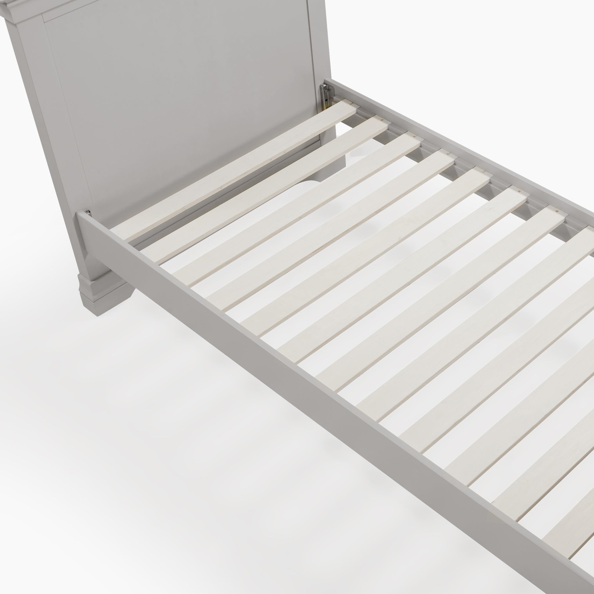 Chalbury 3ft High-End Single Bed Frame in Pebble Grey with wooden slats, seen from an angle.