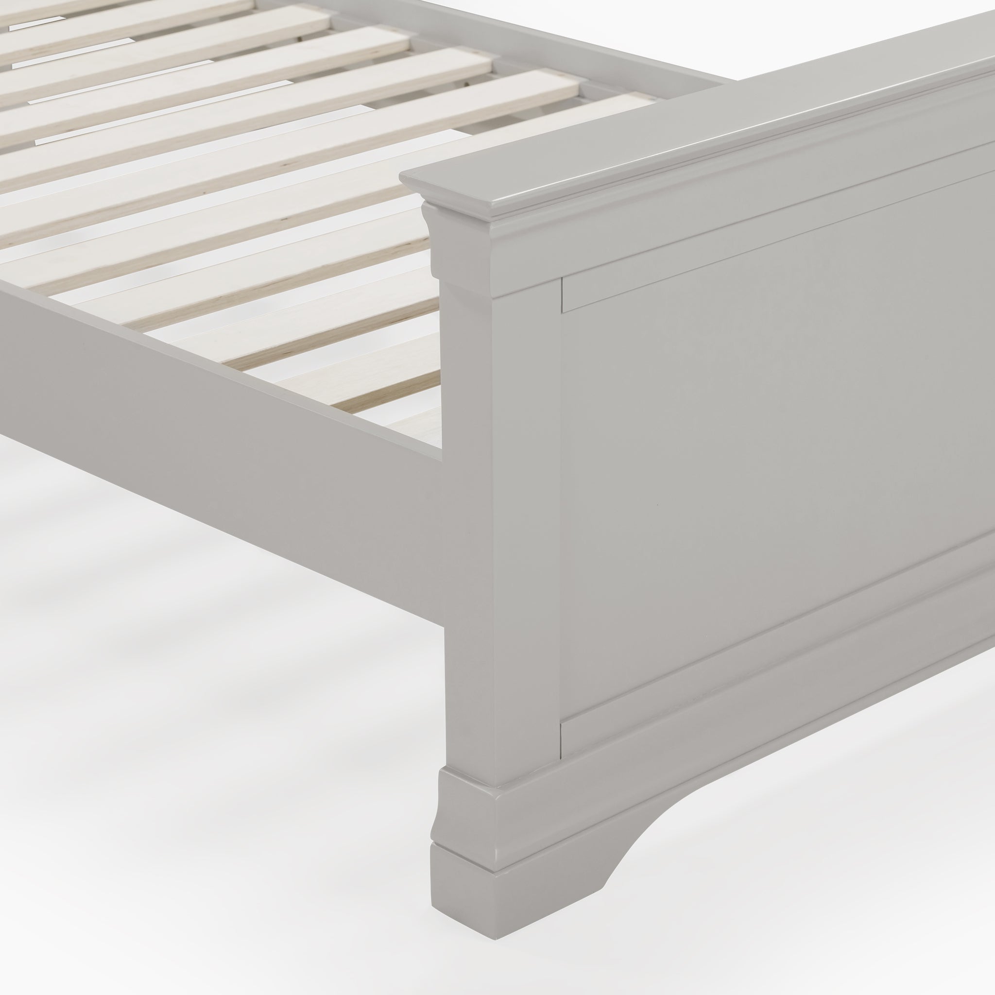 Chalbury 3ft High-End Single Bed Frame in Pebble Grey featuring a panel design and slatted base set against a white background.