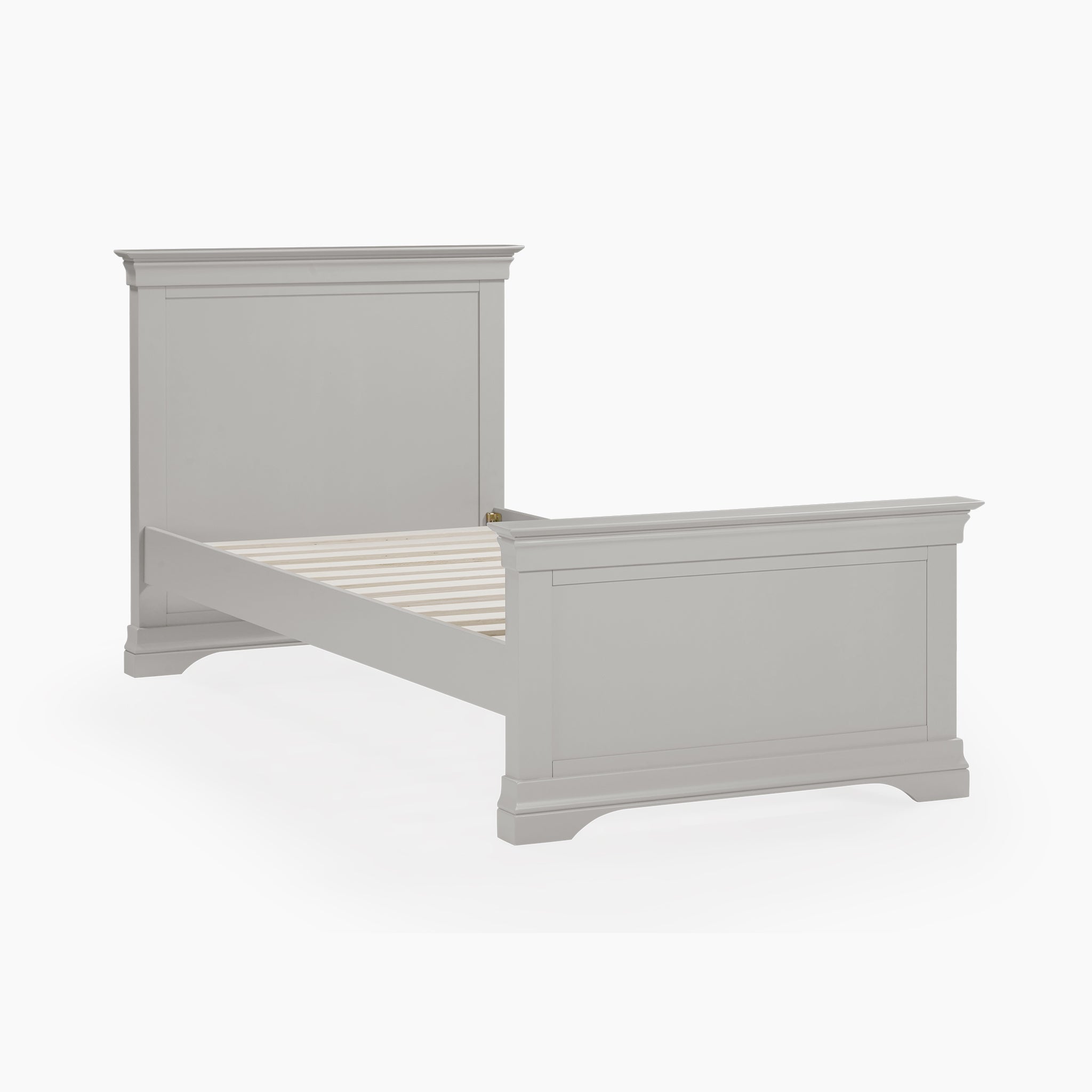 Chalbury 3ft High-End Single Bed Frame in Pebble Grey, featuring a timeless design with paneled headboard and footboard.