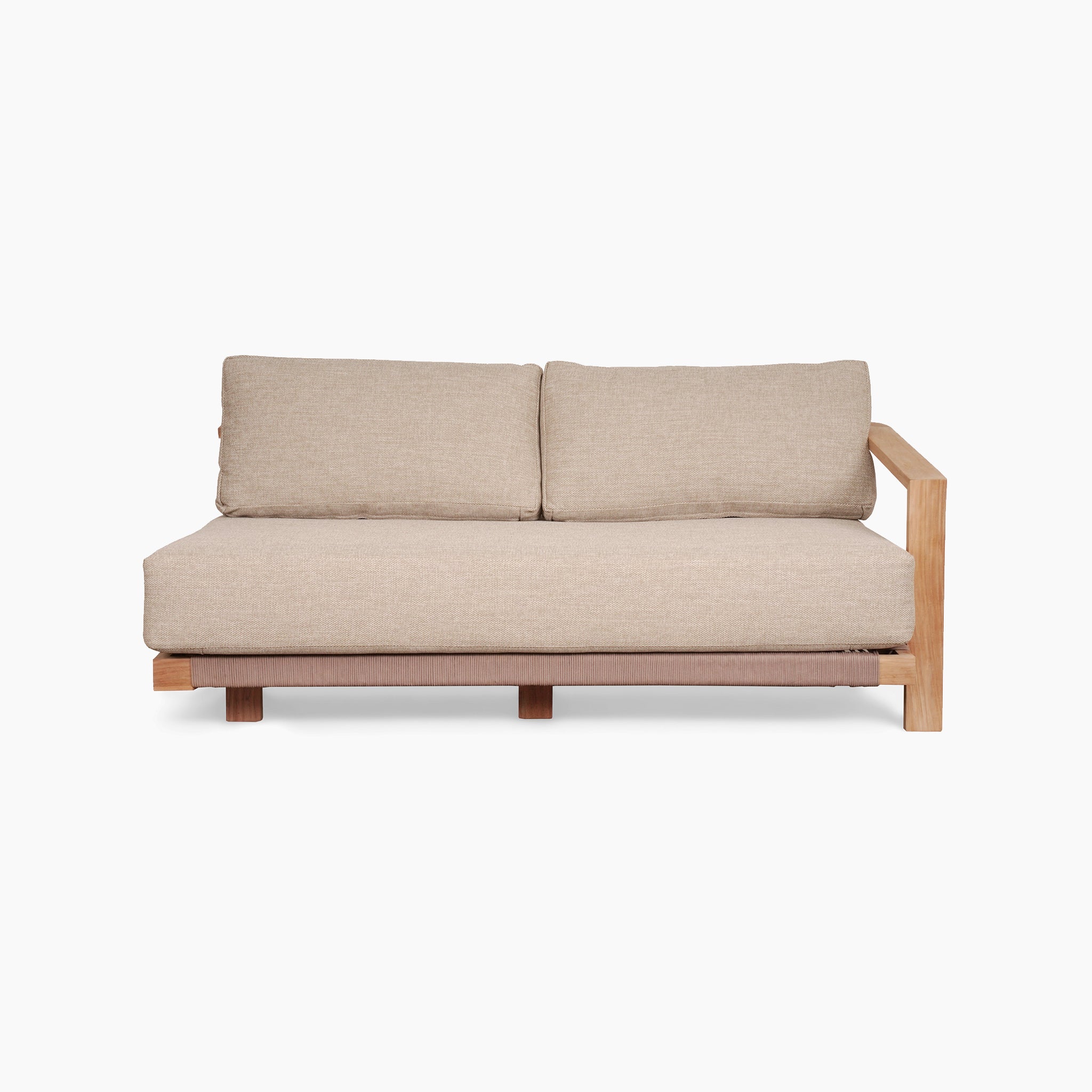 The Tivoli Large Corner Set in Fawn, featuring a marble coffee table, includes a beige sofa with wooden armrests, a teak wood base, two seat cushions, and two back cushions. White background.