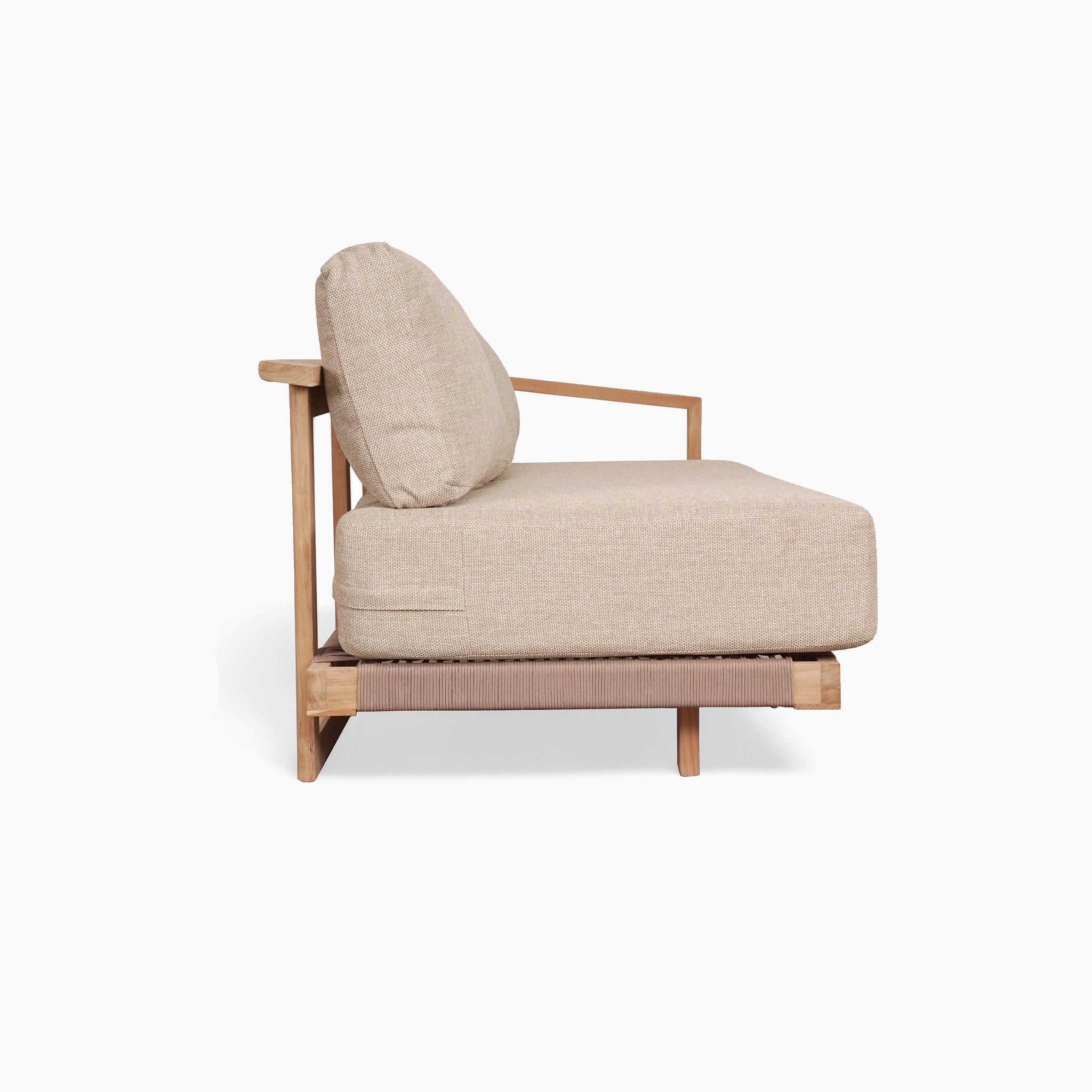 The Tivoli Large Corner Set in Fawn features a modern beige cushioned design with a teak wood frame, paired with an elegant marble coffee table, all set against a white background.