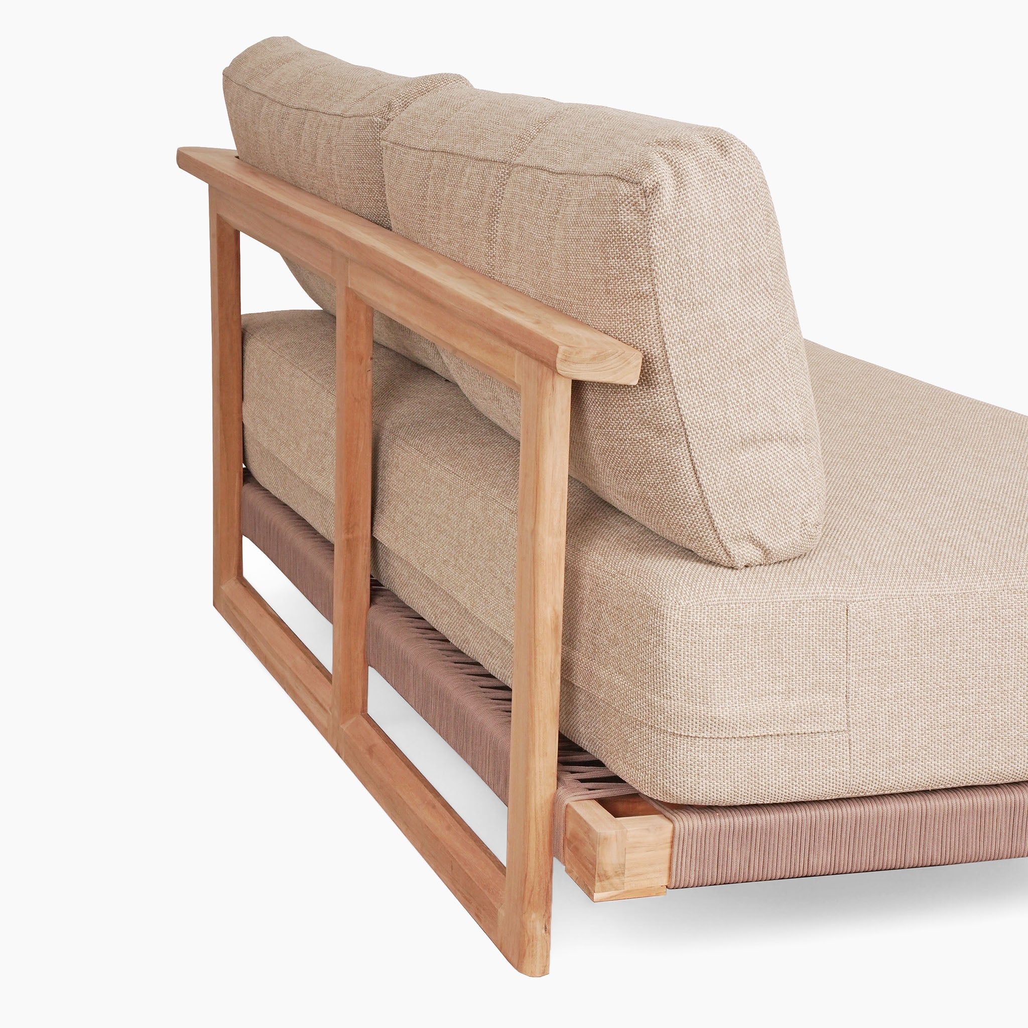The Tivoli Large Corner Set in fawn offers a minimalist beige sofa with a teak wood frame and back cushions, showcasing a simple modern design. Pair it effortlessly with the included marble coffee table for an elegant touch.