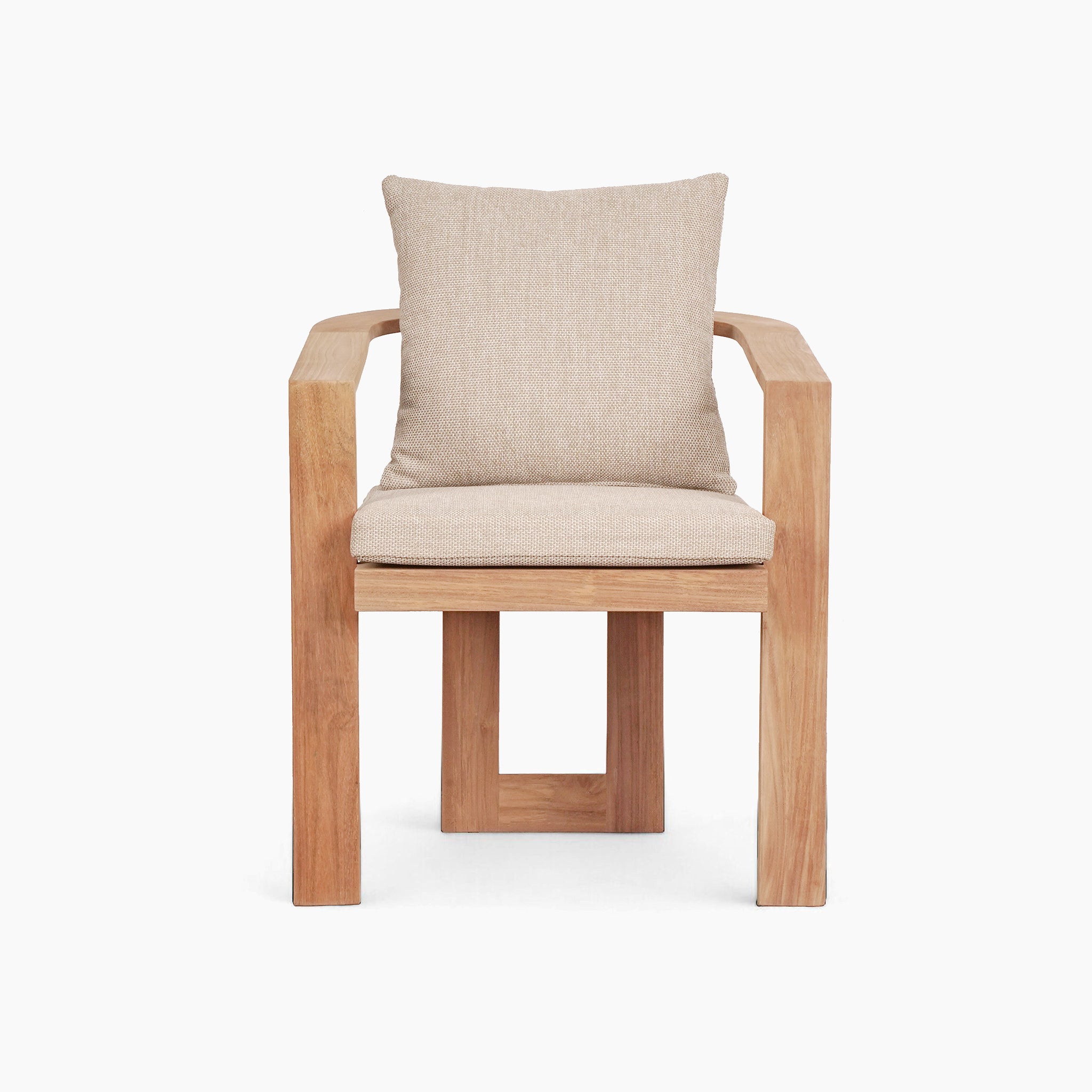 Tivoli dining set for six with a marble table in fawn, featuring teak wood chairs with beige cushions and pillows, straight armrests, and a modern, minimalistic design.