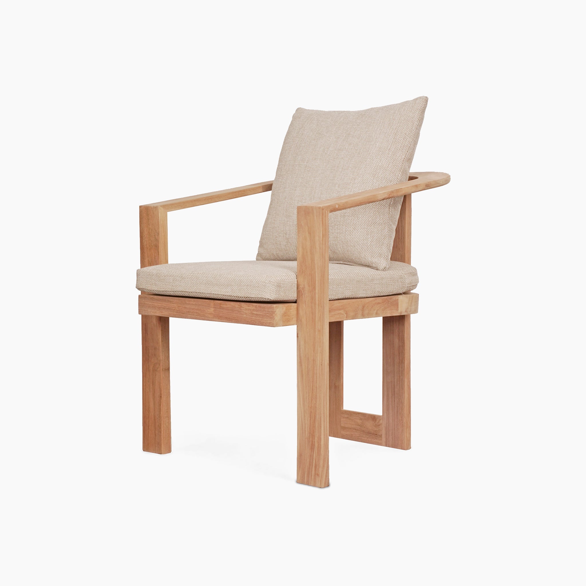 The Tivoli 6 Seat Dining Set features a marble dining table in fawn, complemented by wooden chairs with armrests and beige cushions against a white background.