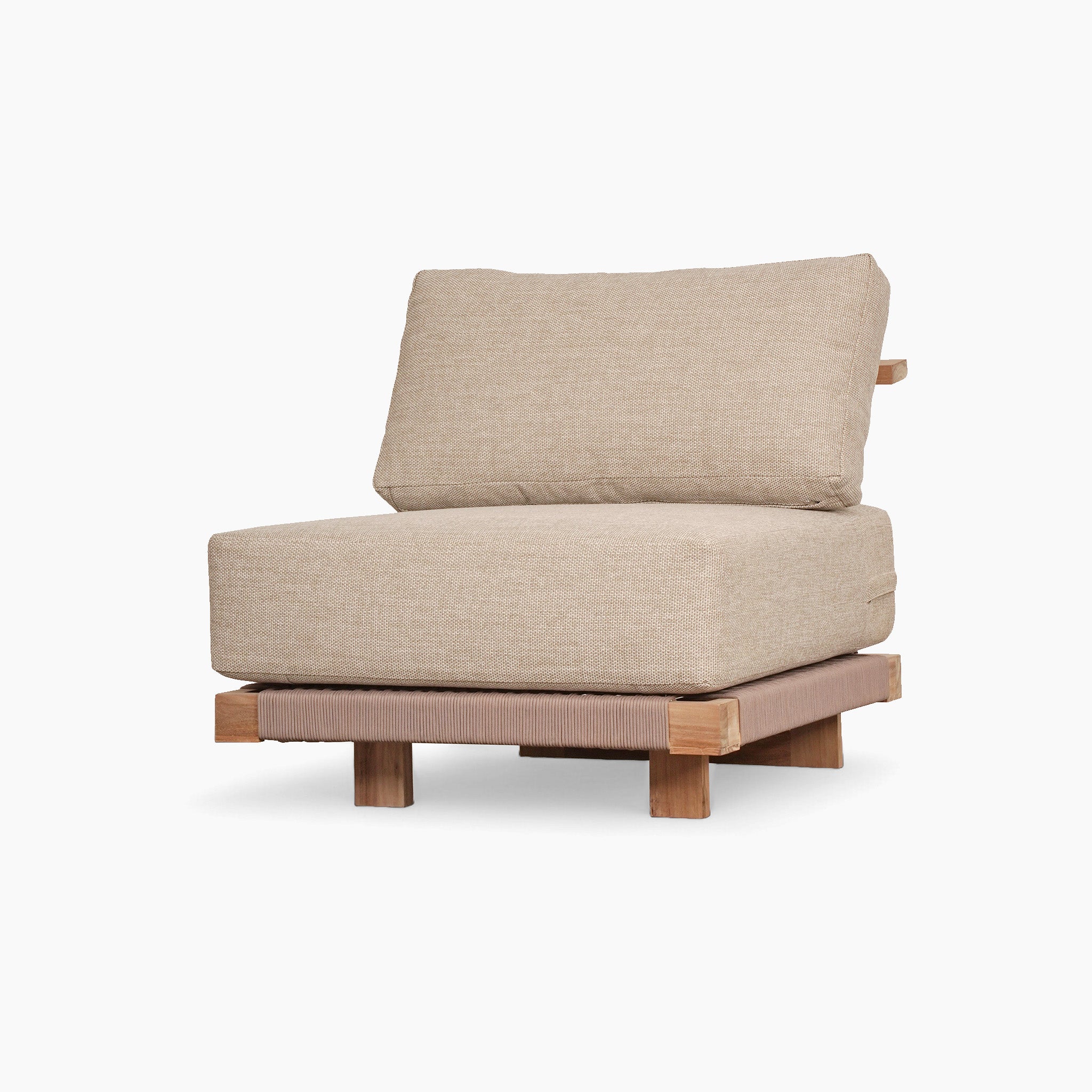 The Tivoli Large Corner Set with Marble Coffee Table in Fawn boasts a modern design, featuring a beige cushion and crafted from teak wood, with a sleek wooden base. It's elegantly set against a plain white background.