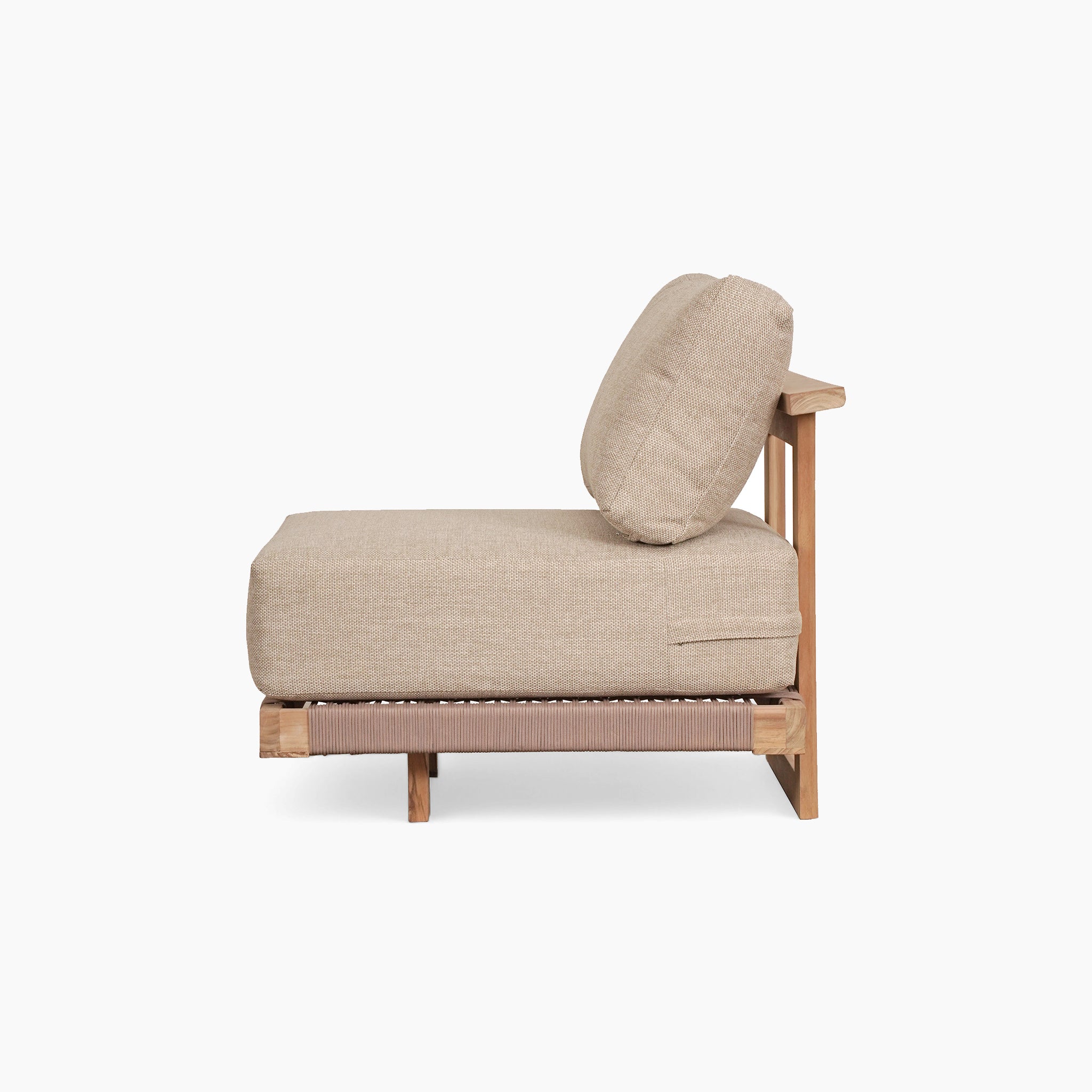 A side view of the Tivoli Large Corner Set featuring a beige cushion and teak frame, paired with an elegant marble coffee table in fawn, set against a pristine white background.