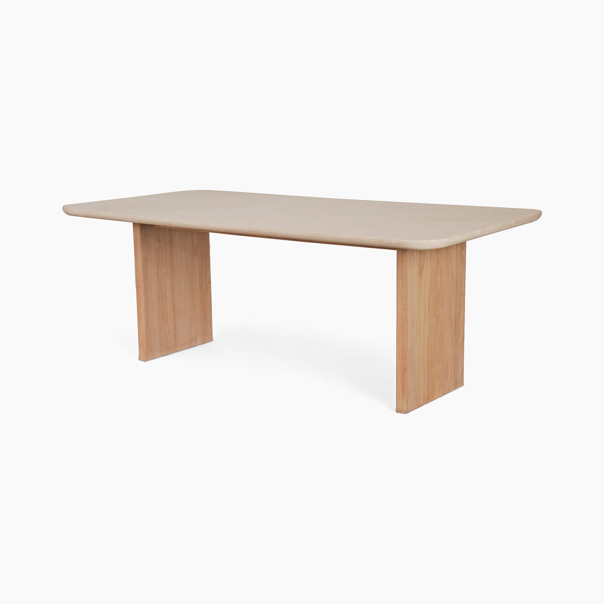 The Tivoli 6 Seat Dining Set features a minimalist marble dining table with rounded edges and two sturdy legs, set against a pristine white background.
