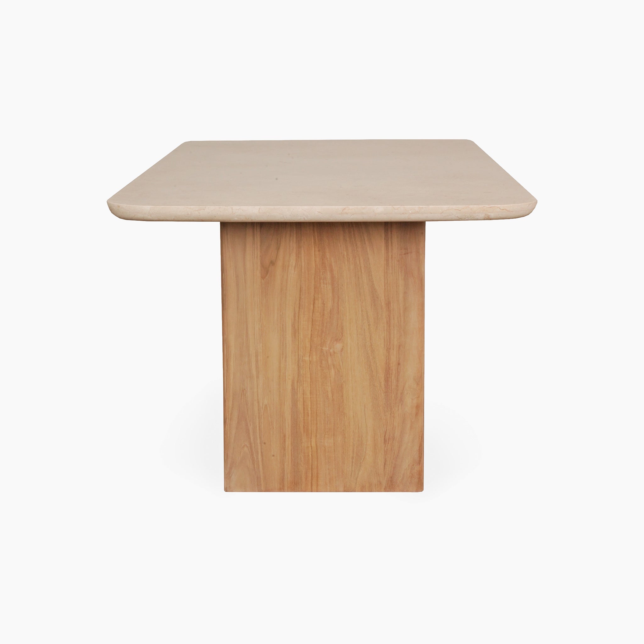 The Tivoli 6 Seat Dining Set with Marble Dining Table in Fawn showcases a stunning wooden table with a rectangular marble top and solid teak wood base, set against a plain white background.