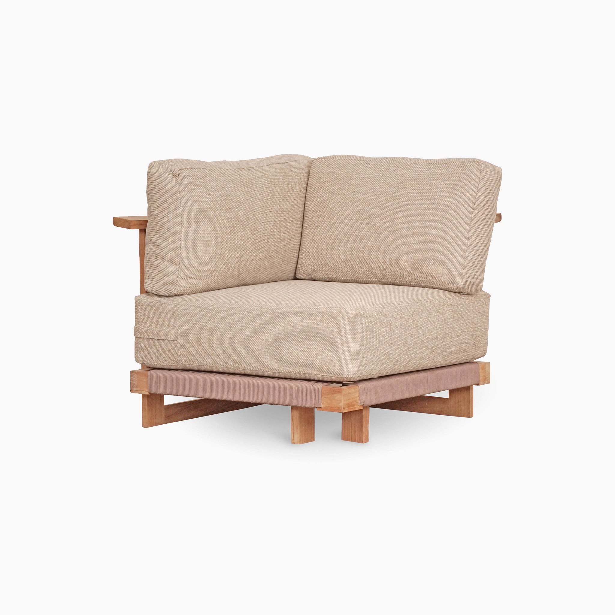 Fawn Tivoli Large Corner Set featuring a cushioned corner chair with a sturdy teak frame, accompanied by a marble coffee table on a white background.