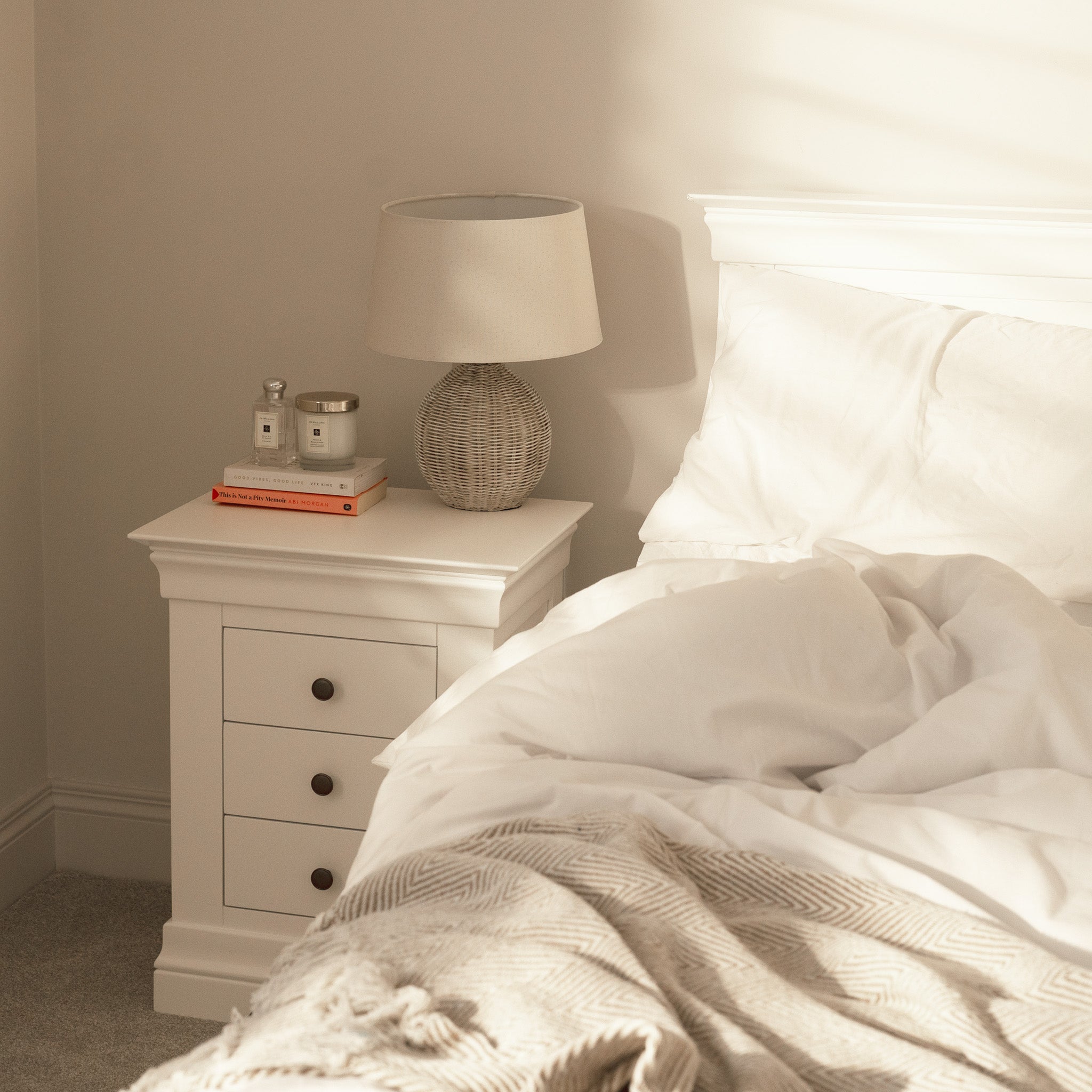 Chalbury 3 Drawer Bedside Table in Warm White